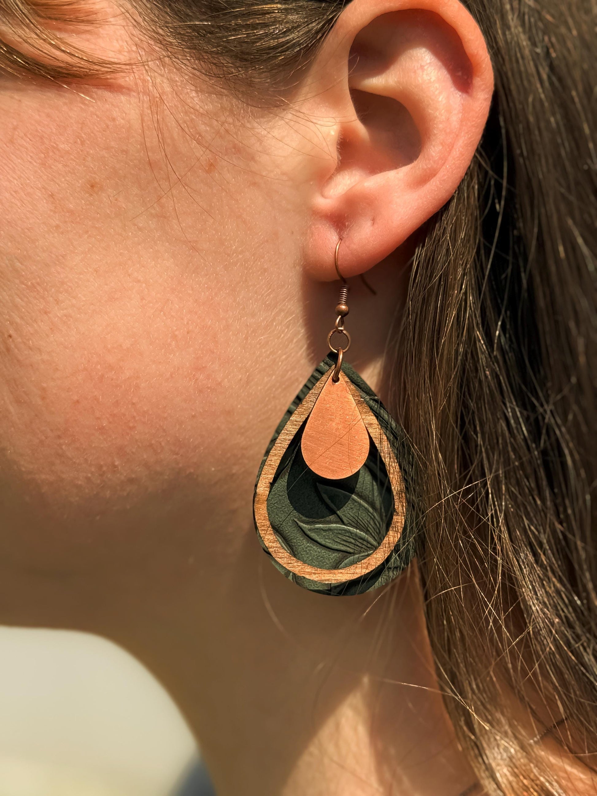 Green Leather Teardrop Earrings with Wood & Metal Accents | Handmade Boho Jewelry