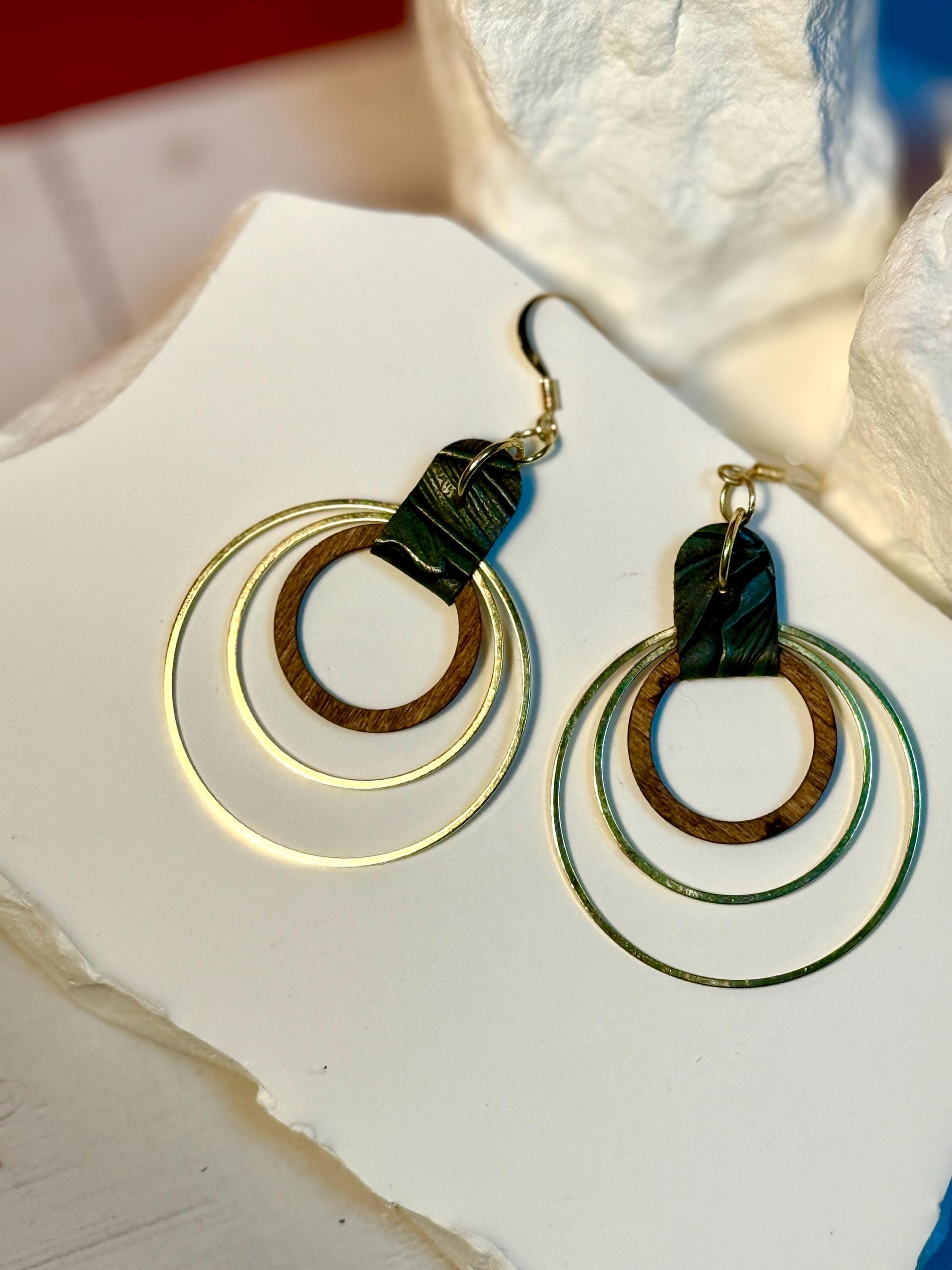 Green Leather, Wood & Metal Triple Hoop Earrings | Handmade Boho Jewelry