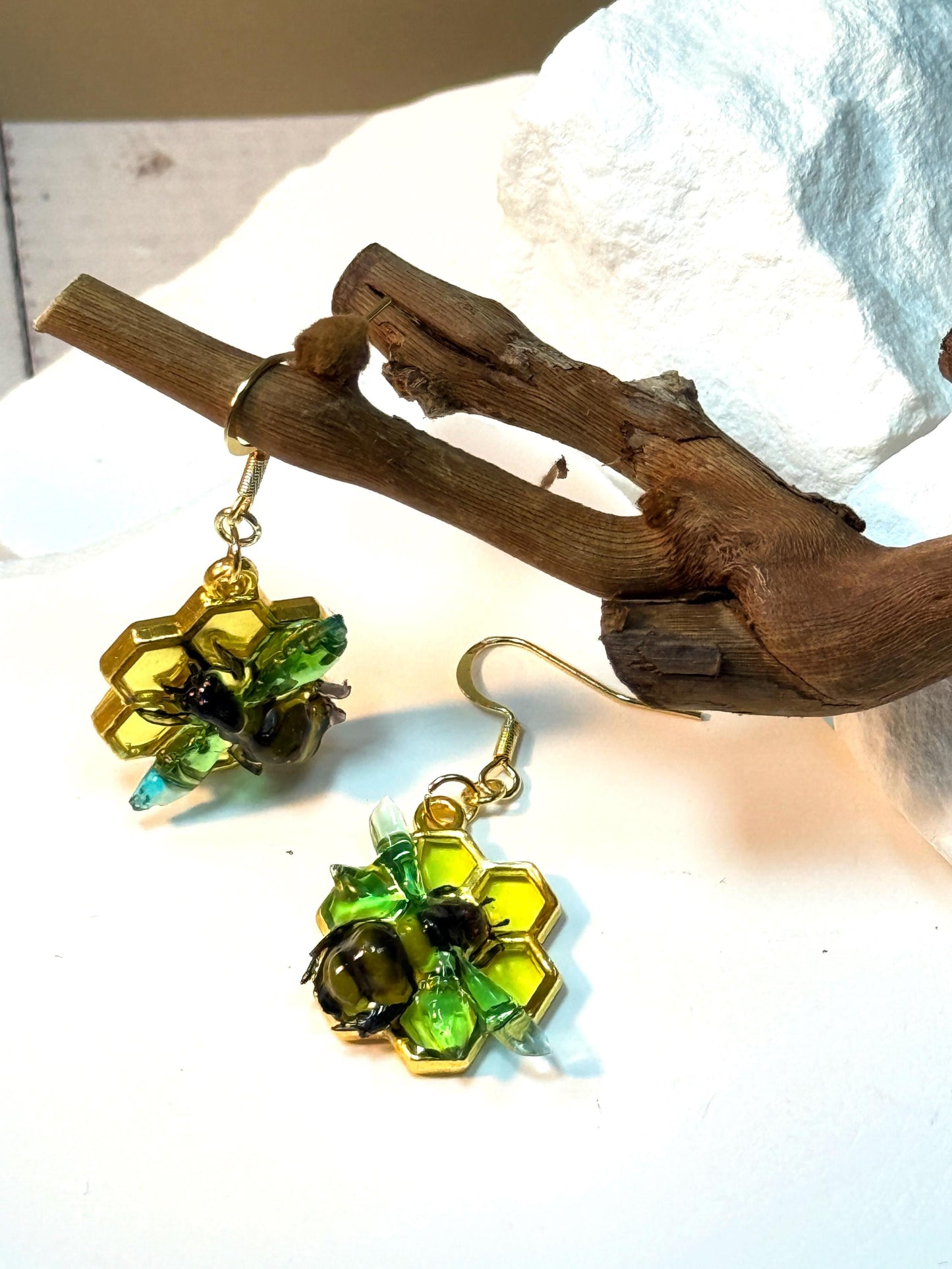 Handmade Honey Bumble Bee Honeycomb Resin Earrings – 14K Gold Plated, Crafted in the USA
