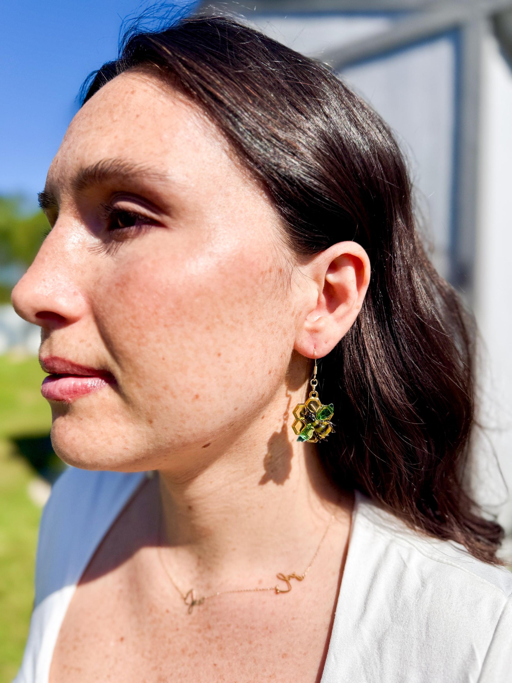 Handmade Honey Bumble Bee Honeycomb Resin Earrings – 14K Gold Plated, Crafted in the USA