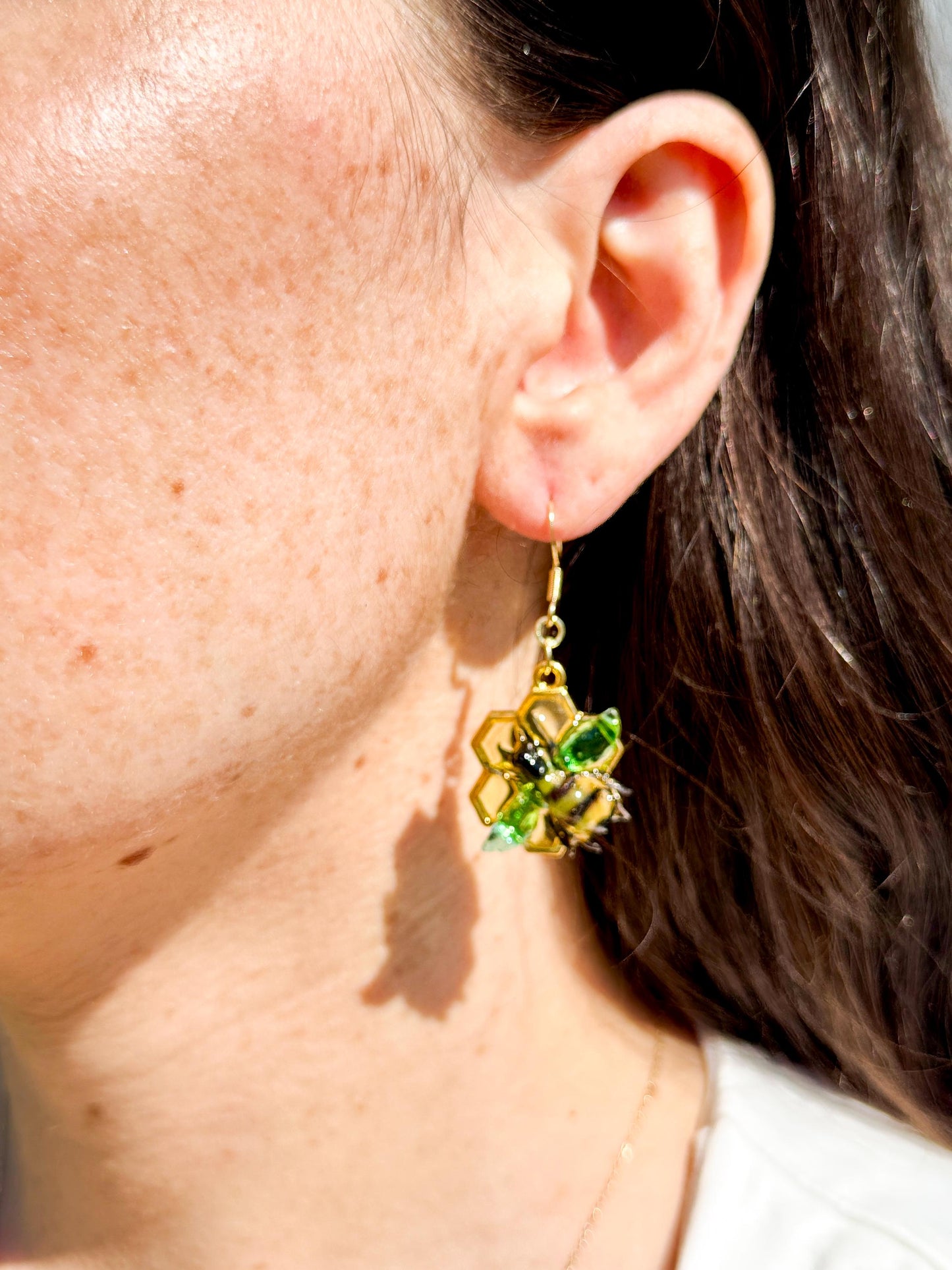 Handmade Honey Bumble Bee Honeycomb Resin Earrings – 14K Gold Plated, Crafted in the USA