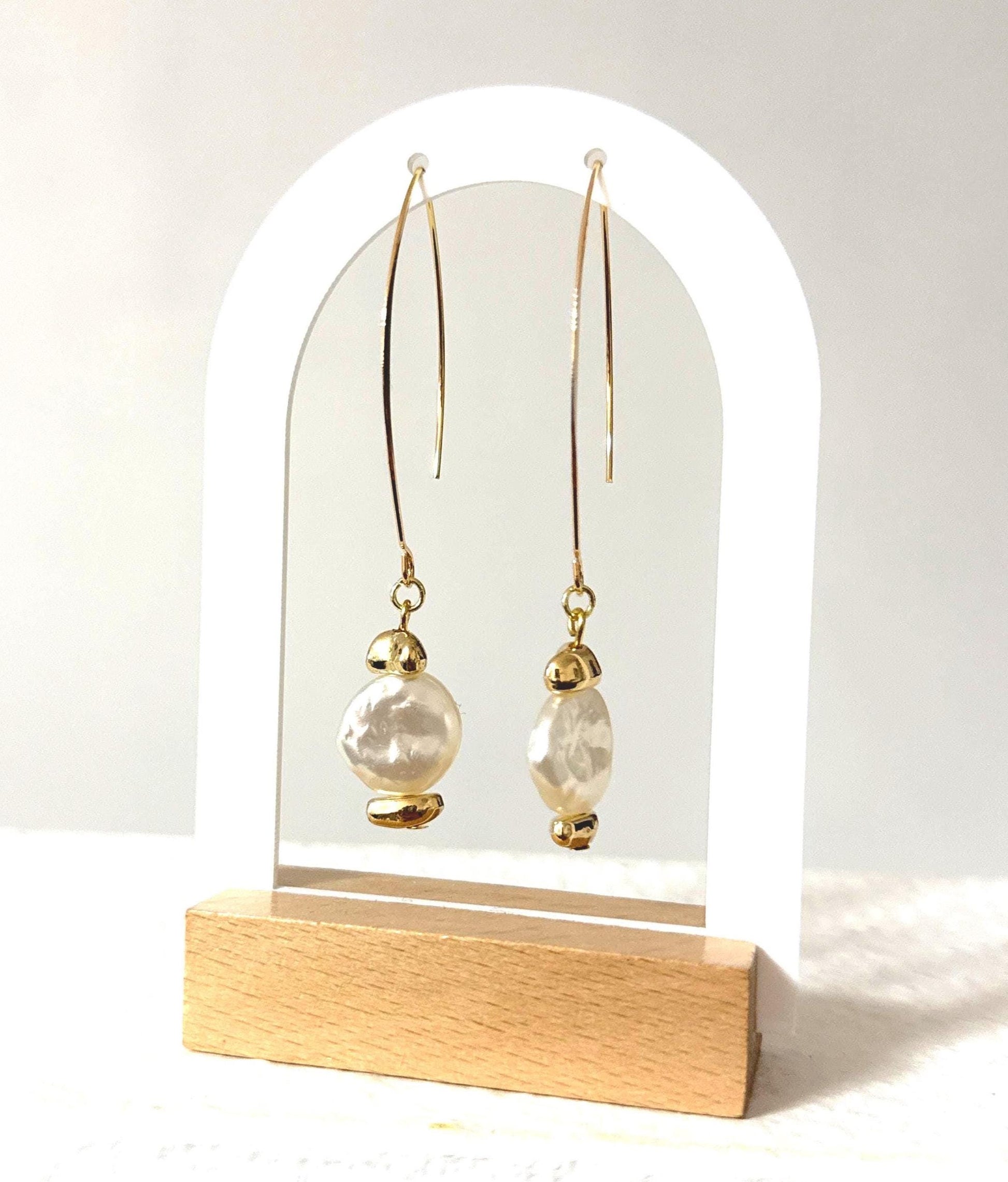 Handcrafted Gold-Tone Pearl Drop Earrings: Elegant Dangle Jewelry