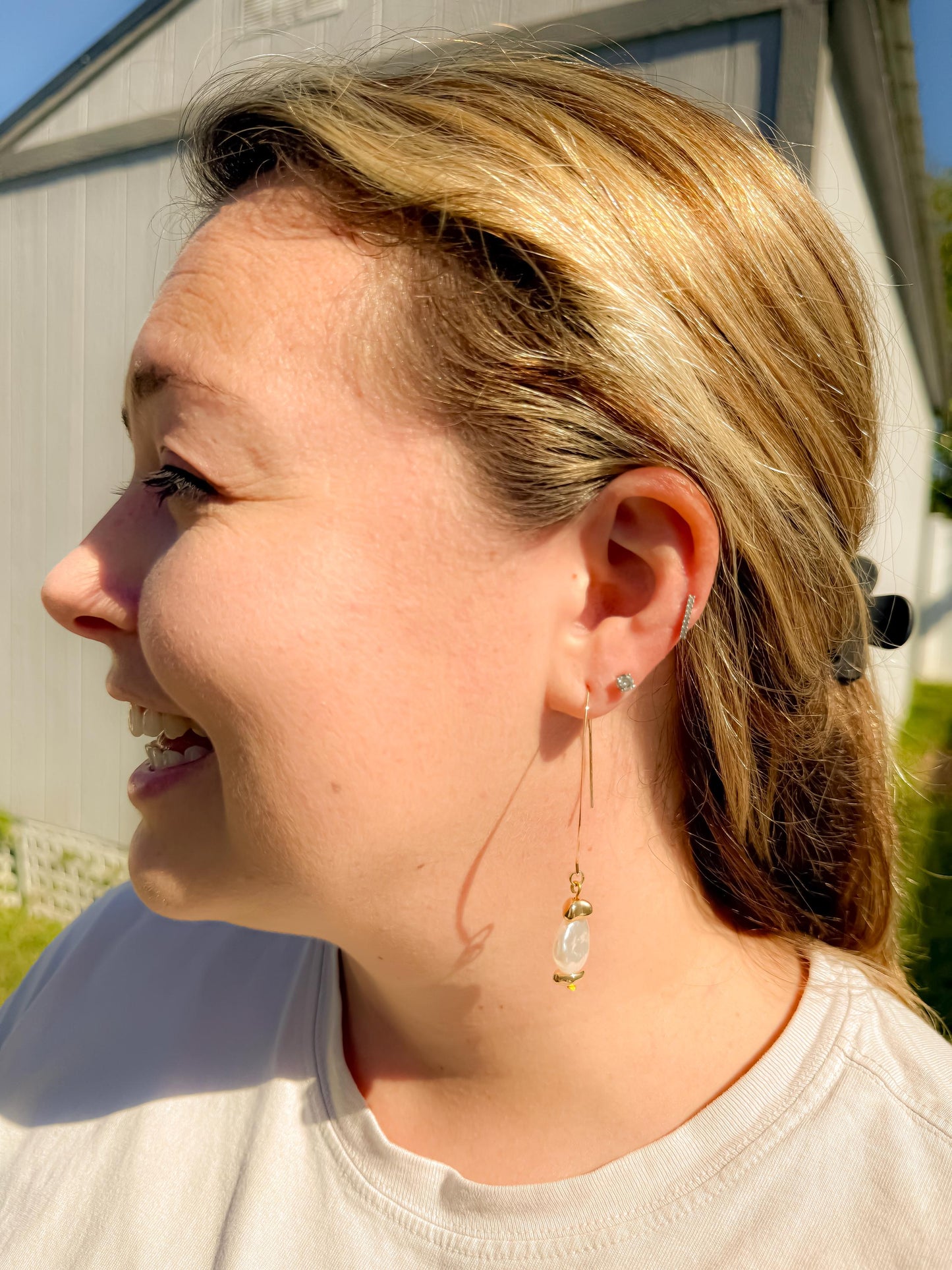 Handcrafted Gold-Tone Pearl Drop Earrings: Elegant Dangle Jewelry