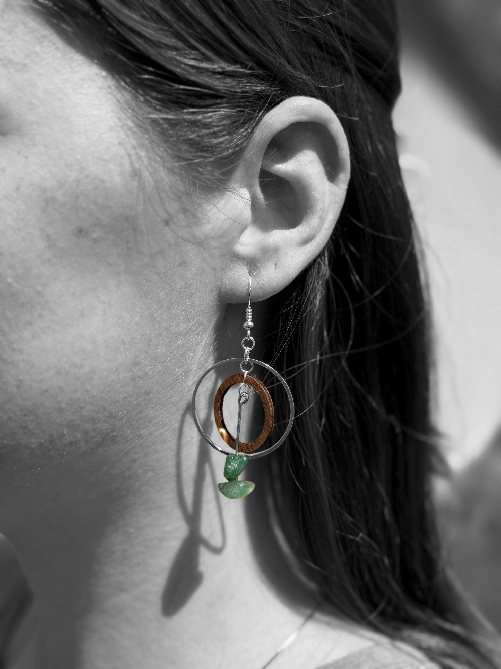 Handcrafted Wood & Green Stone Silver Hoop Earrings | Nature-Inspired Boho Jewelry