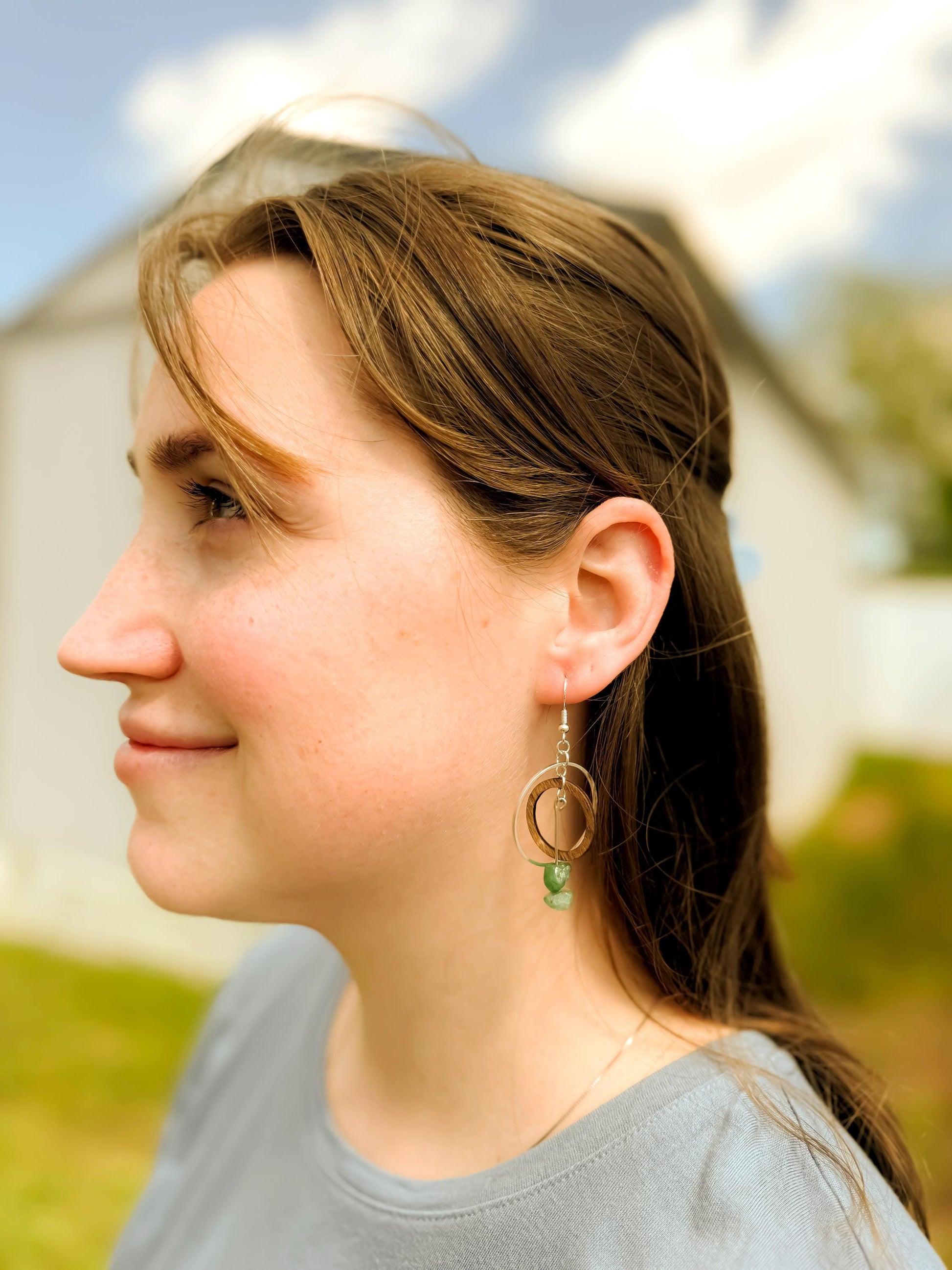 Handcrafted Wood & Green Stone Silver Hoop Earrings | Nature-Inspired Boho Jewelry