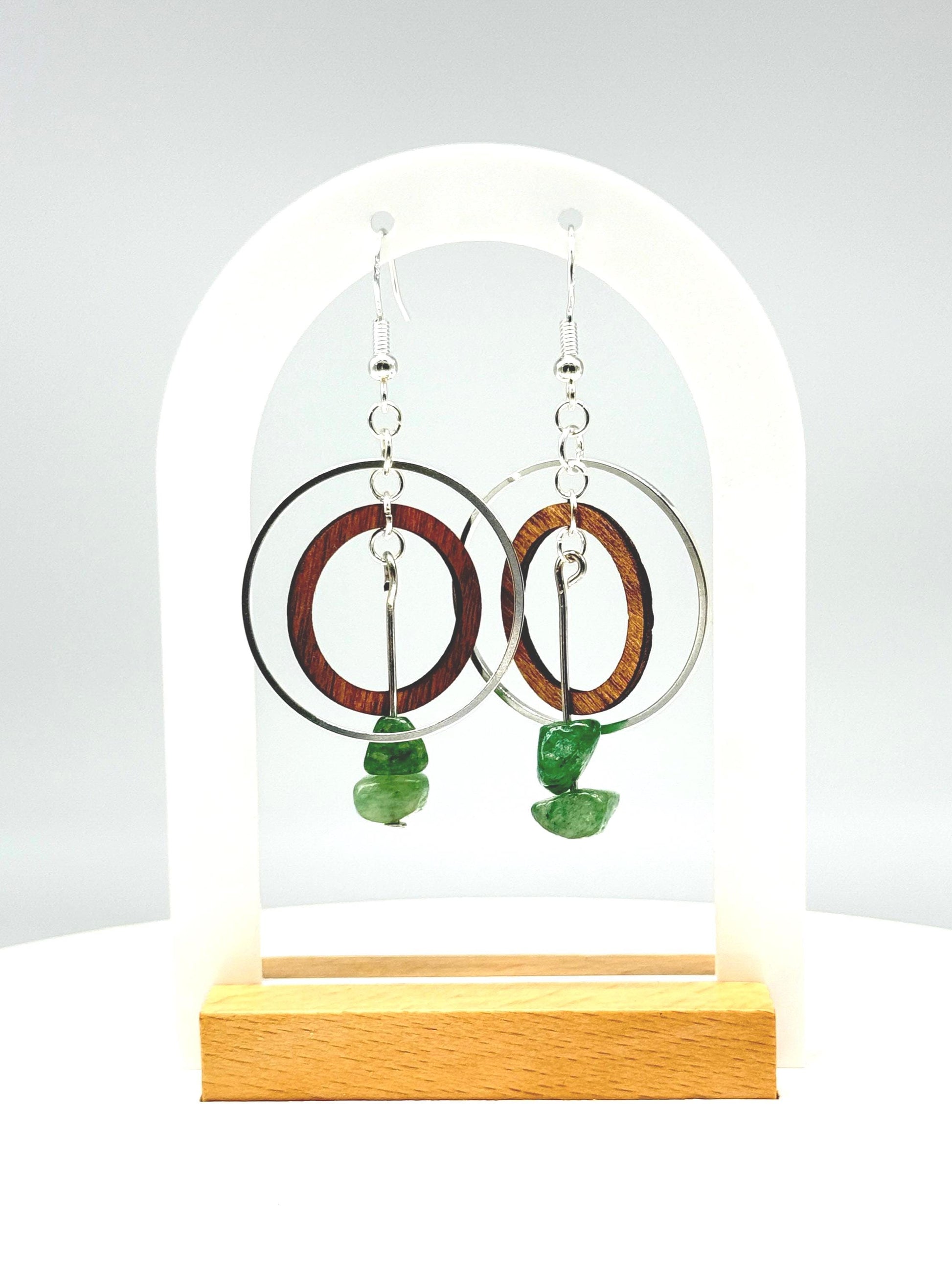 Handcrafted Wood & Green Stone Silver Hoop Earrings | Nature-Inspired Boho Jewelry