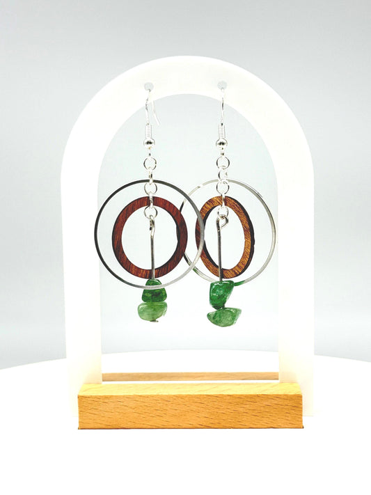 Handcrafted Wood & Green Stone Silver Hoop Earrings | Nature-Inspired Boho Jewelry