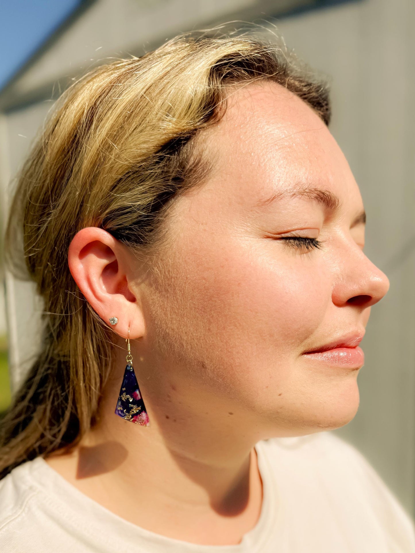 Handmade Resin Dangle Earrings: Dark Blue, Fuchsia Accent, Gold French Hook