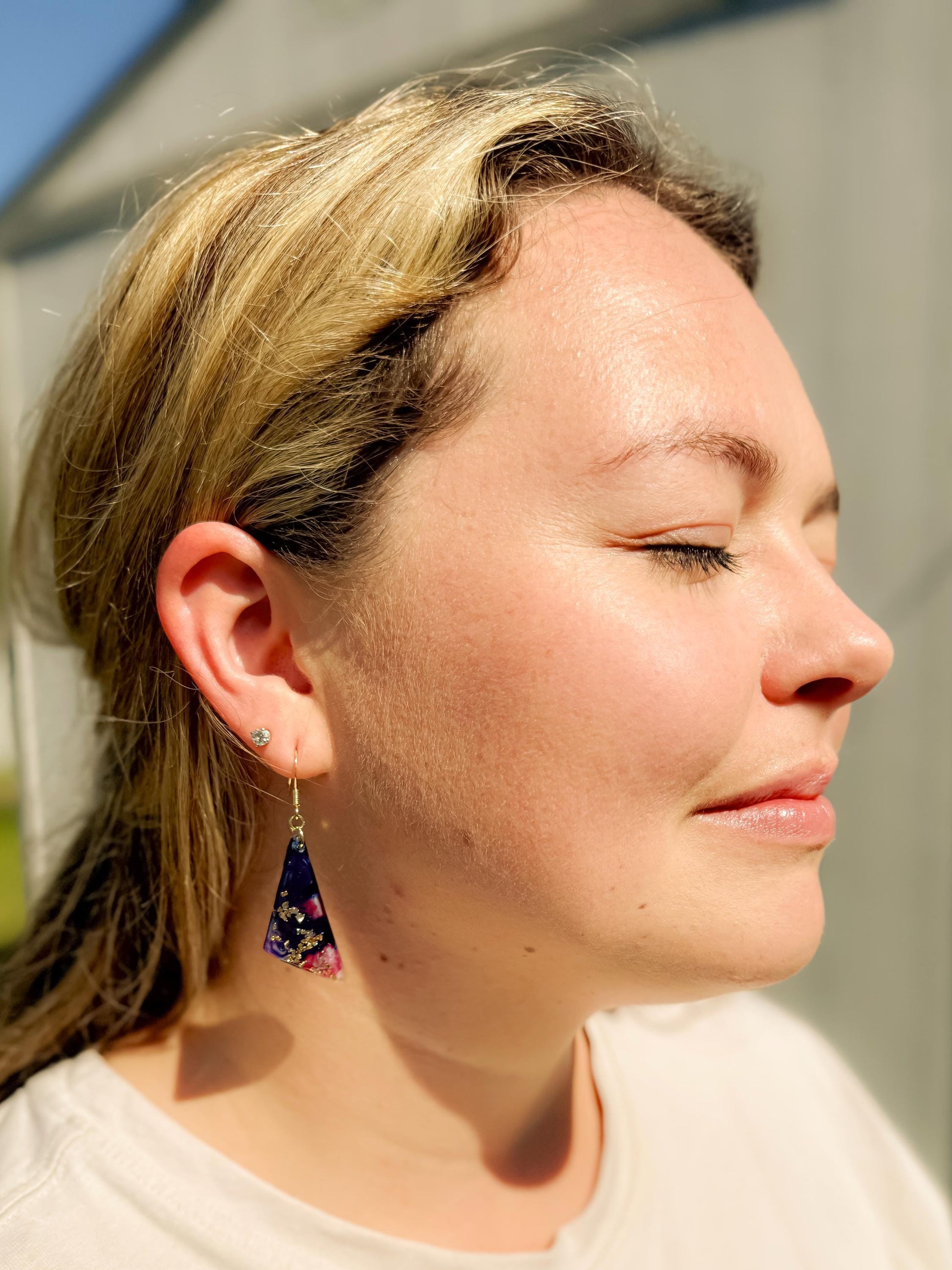 Handmade Resin Dangle Earrings: Dark Blue, Fuchsia Accent, Gold French Hook