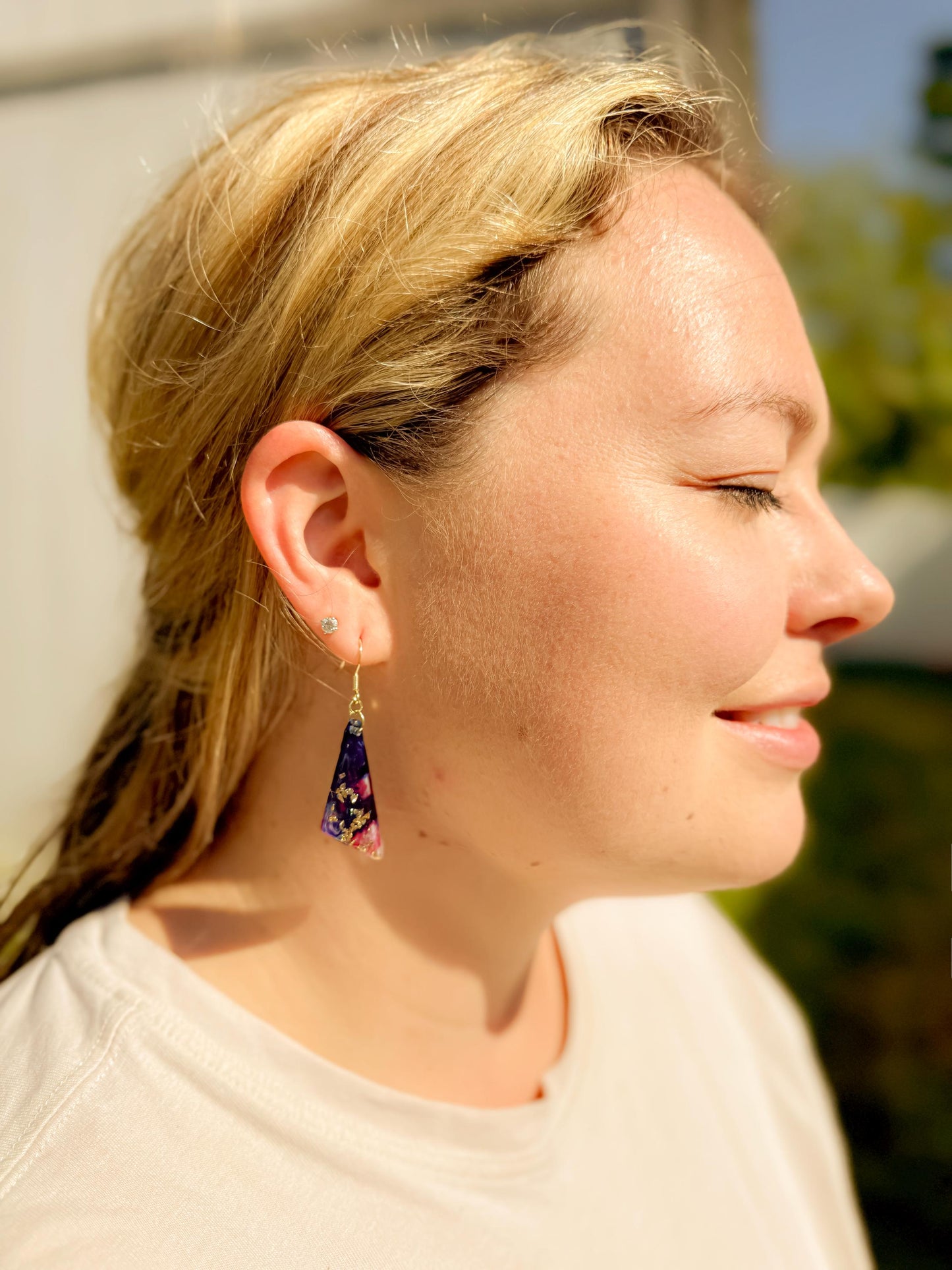 Handmade Resin Dangle Earrings: Dark Blue, Fuchsia Accent, Gold French Hook