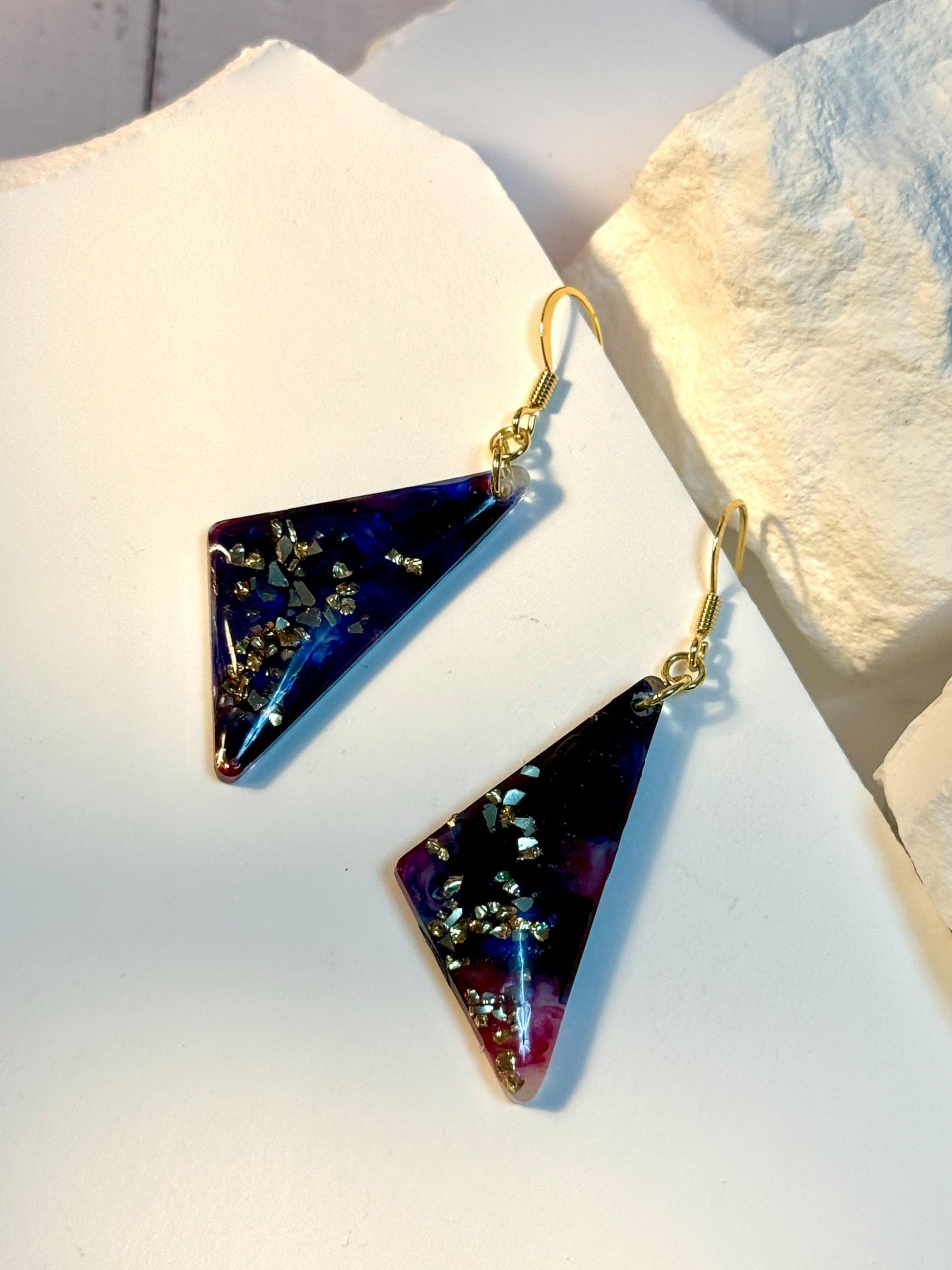Handmade Resin Dangle Earrings: Dark Blue, Fuchsia Accent, Gold French Hook