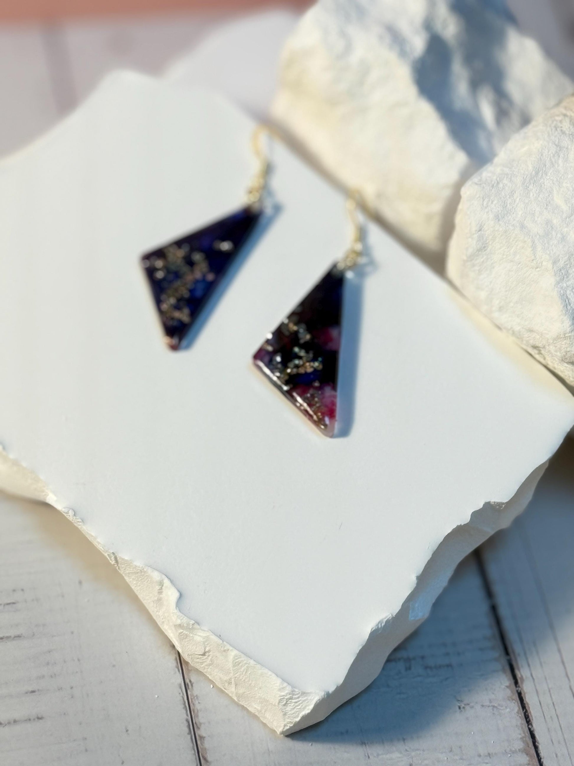 Handmade Resin Dangle Earrings: Dark Blue, Fuchsia Accent, Gold French Hook