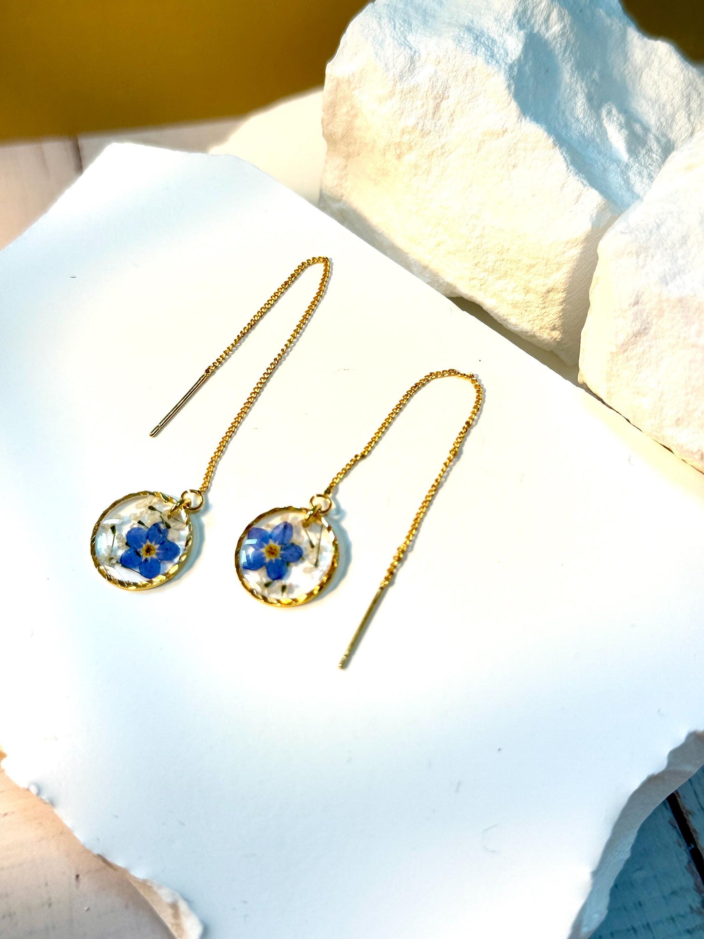 Handmade Resin Threader Earrings: Real Forget-Me-Nots & Queen Anne's Lace