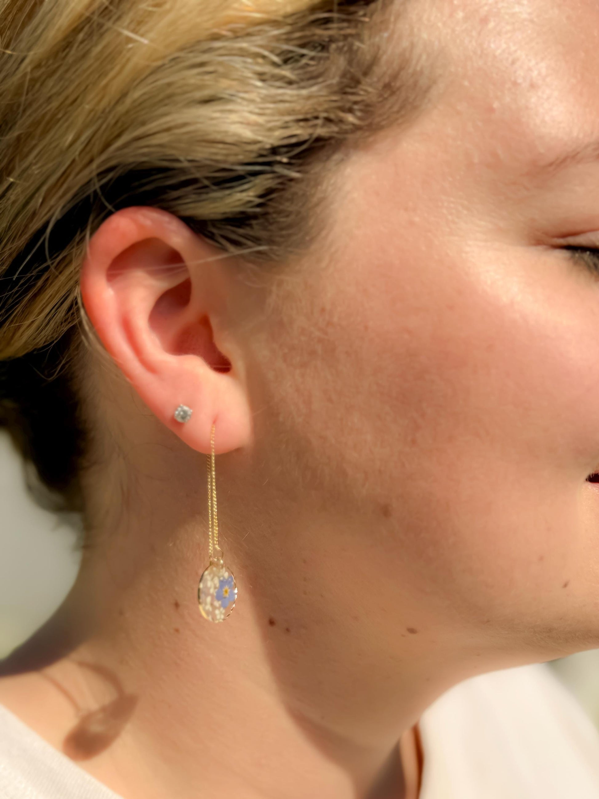 Handmade Resin Threader Earrings: Real Forget-Me-Nots & Queen Anne's Lace