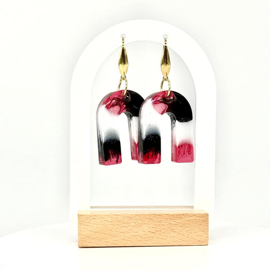 Handcrafted Resin Arch Earrings: Pink Black Swirl with Gold Hooks