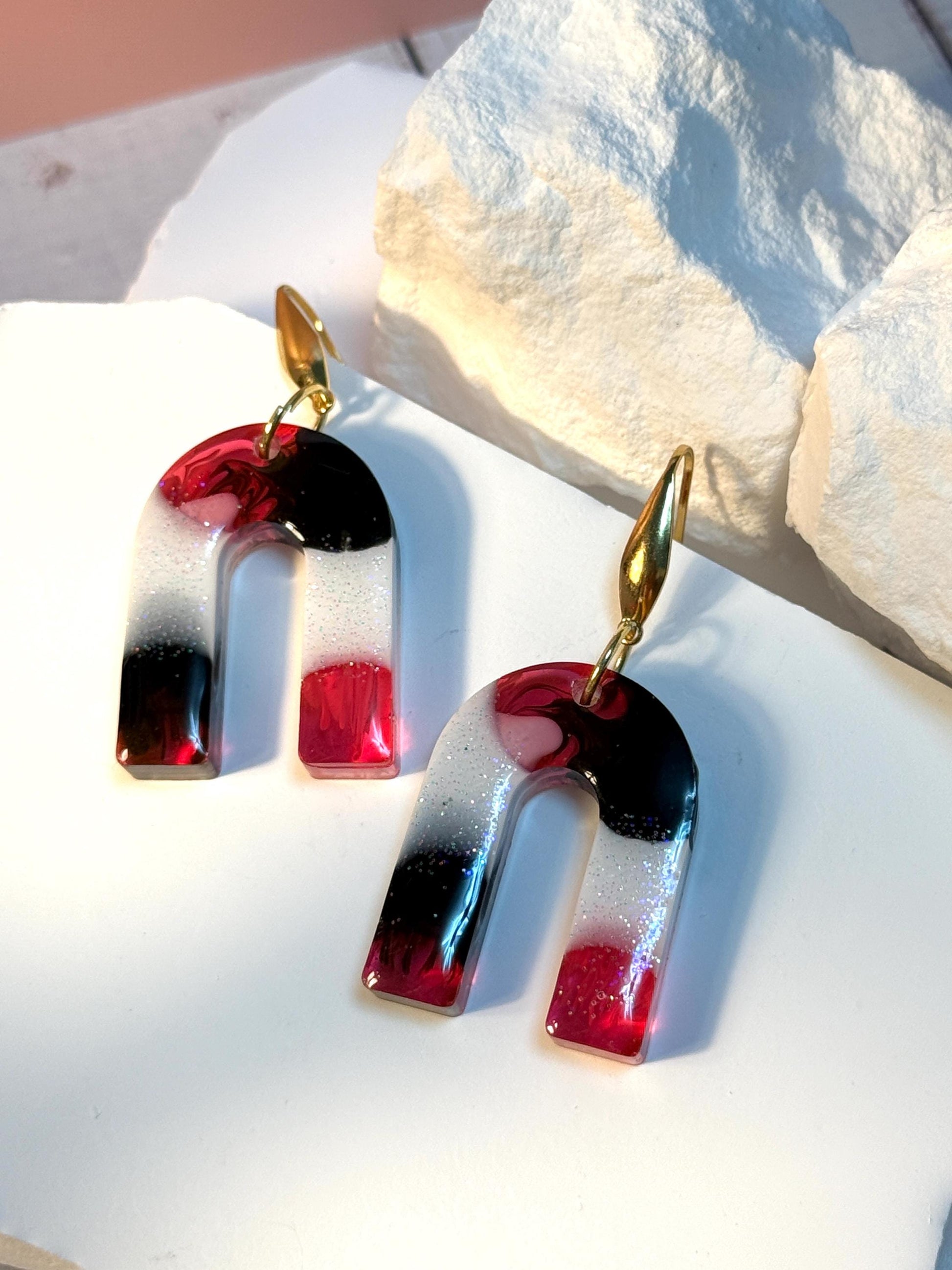 Handcrafted Resin Arch Earrings: Pink Black Swirl with Gold Hooks