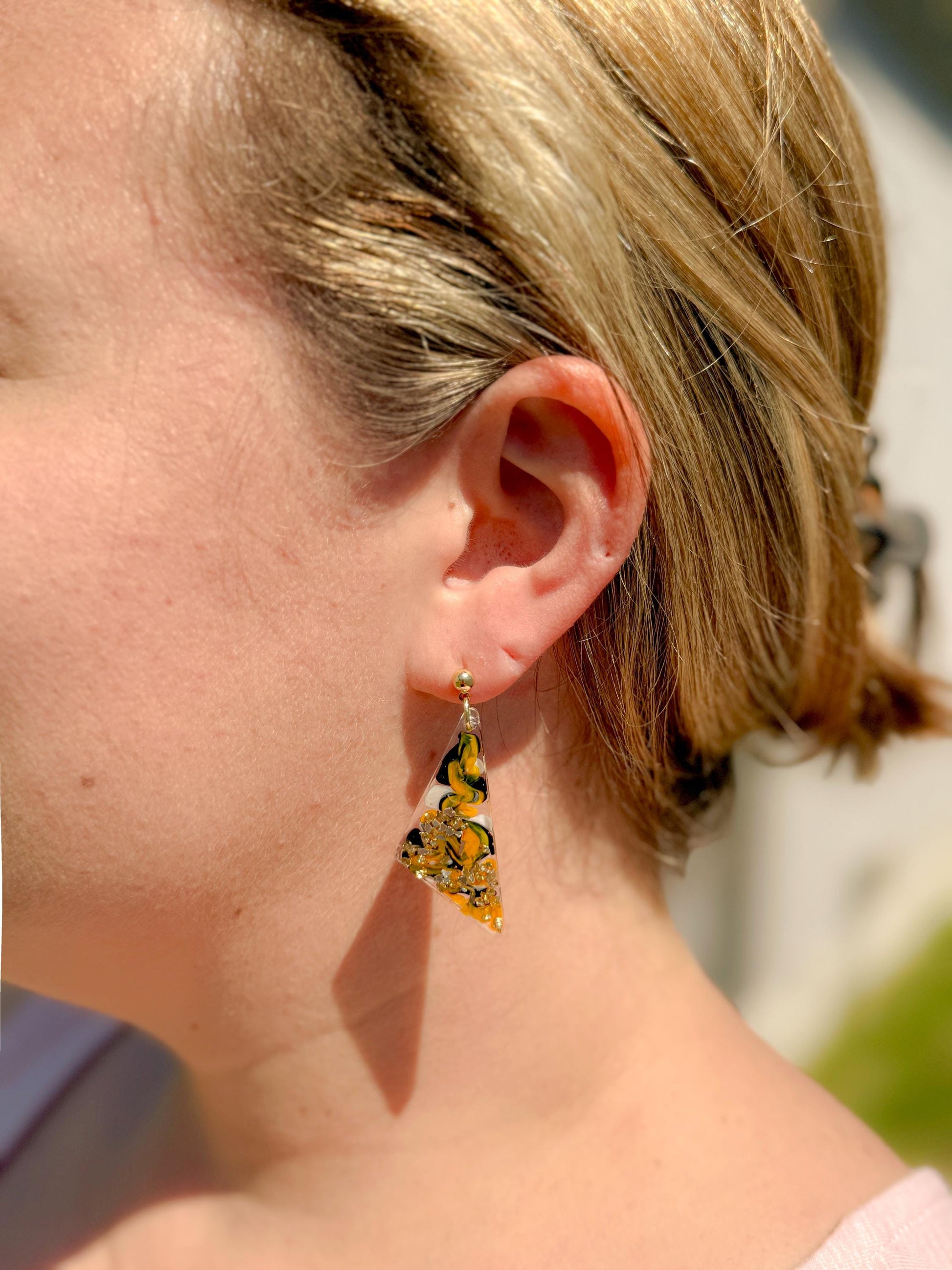 Handmade Resin Dangle Earrings: Black, Yellow, Gold Abstract Jewelry