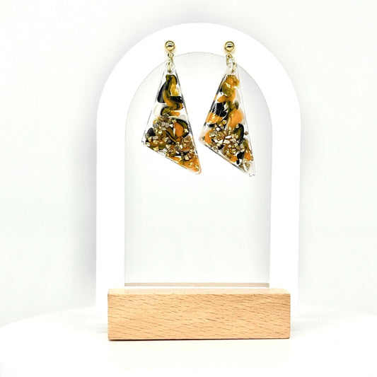 Handmade Resin Dangle Earrings: Black, Yellow, Gold Abstract Jewelry