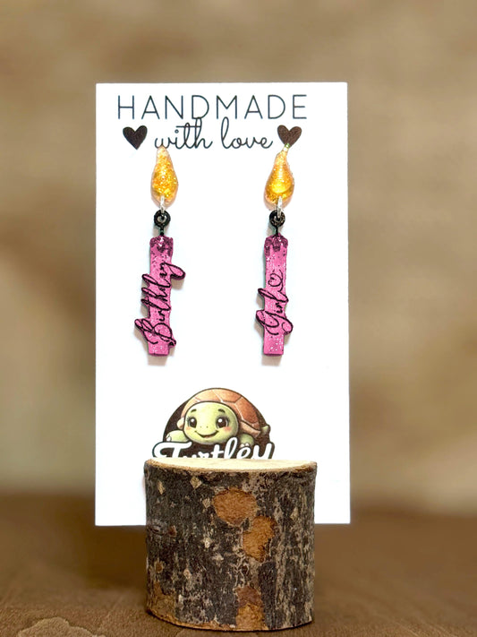 Personalized Birthday Candle Earrings - Custom Text & Color, Hypoallergenic or Sterling Silver Hardware