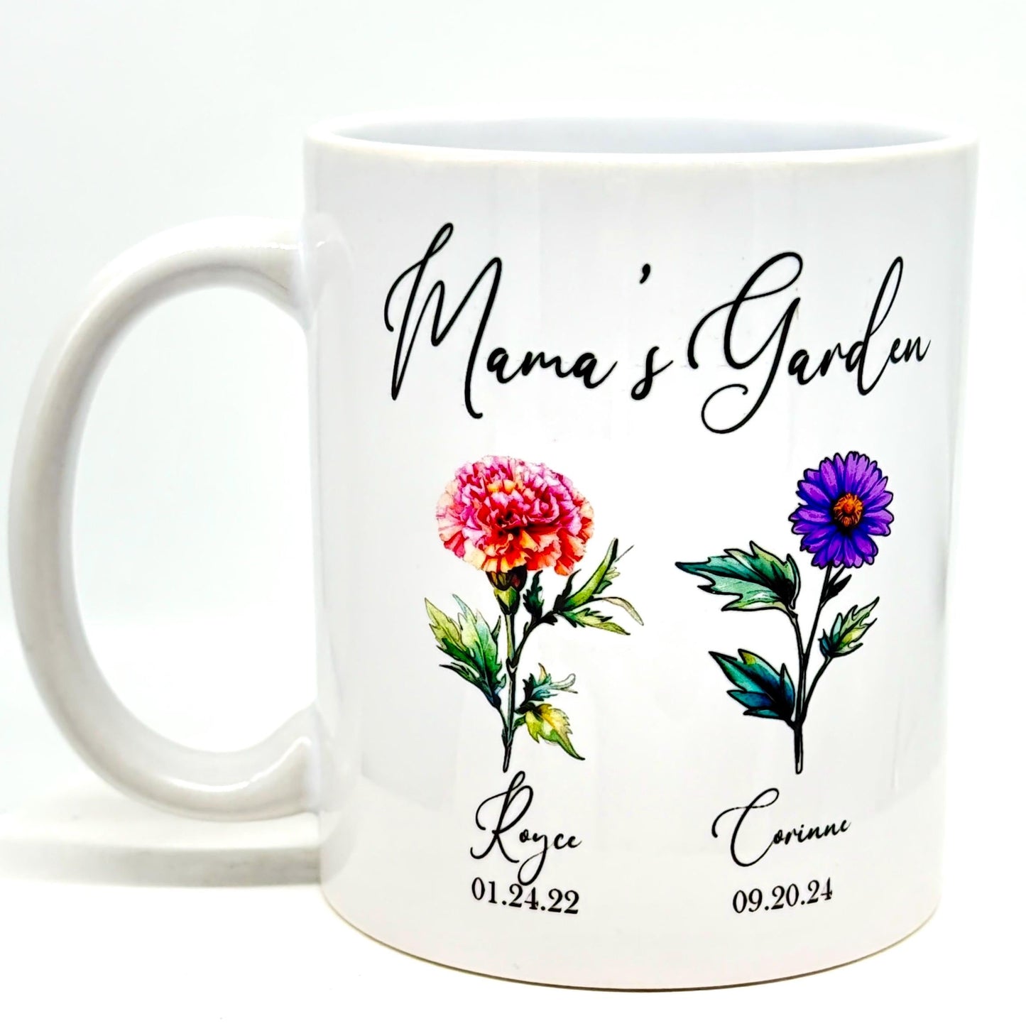 Personalized Mama's Garden Mug: Birth Month Flower Watercolor Design