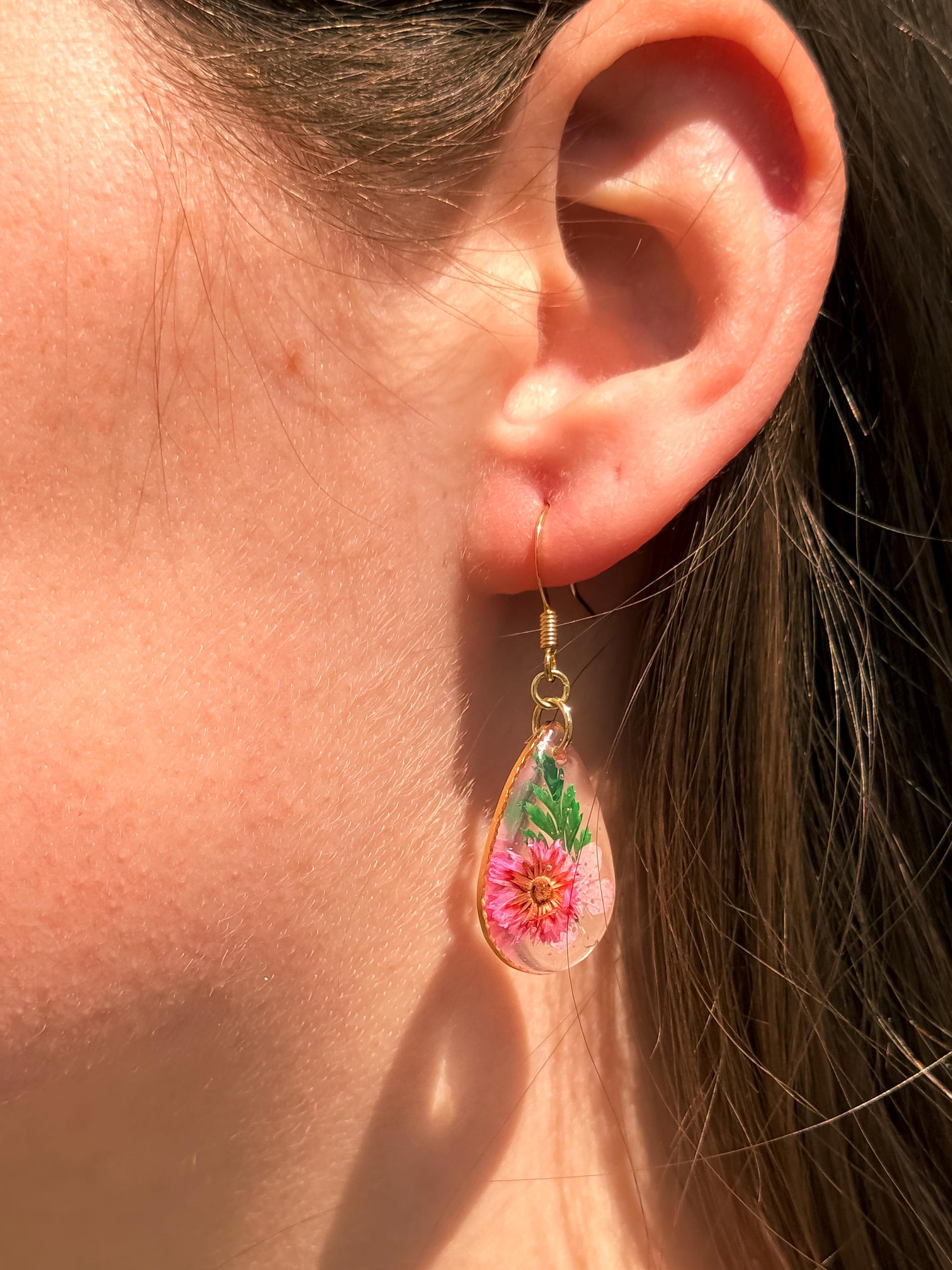 Elegant Resin Earrings with Pink Pressed Flowers & Green Leaves