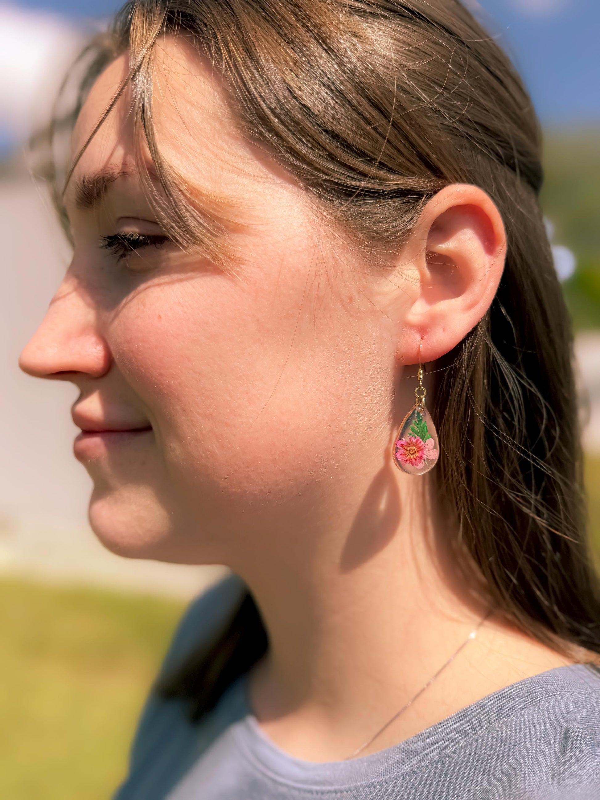 Elegant Resin Earrings with Pink Pressed Flowers & Green Leaves