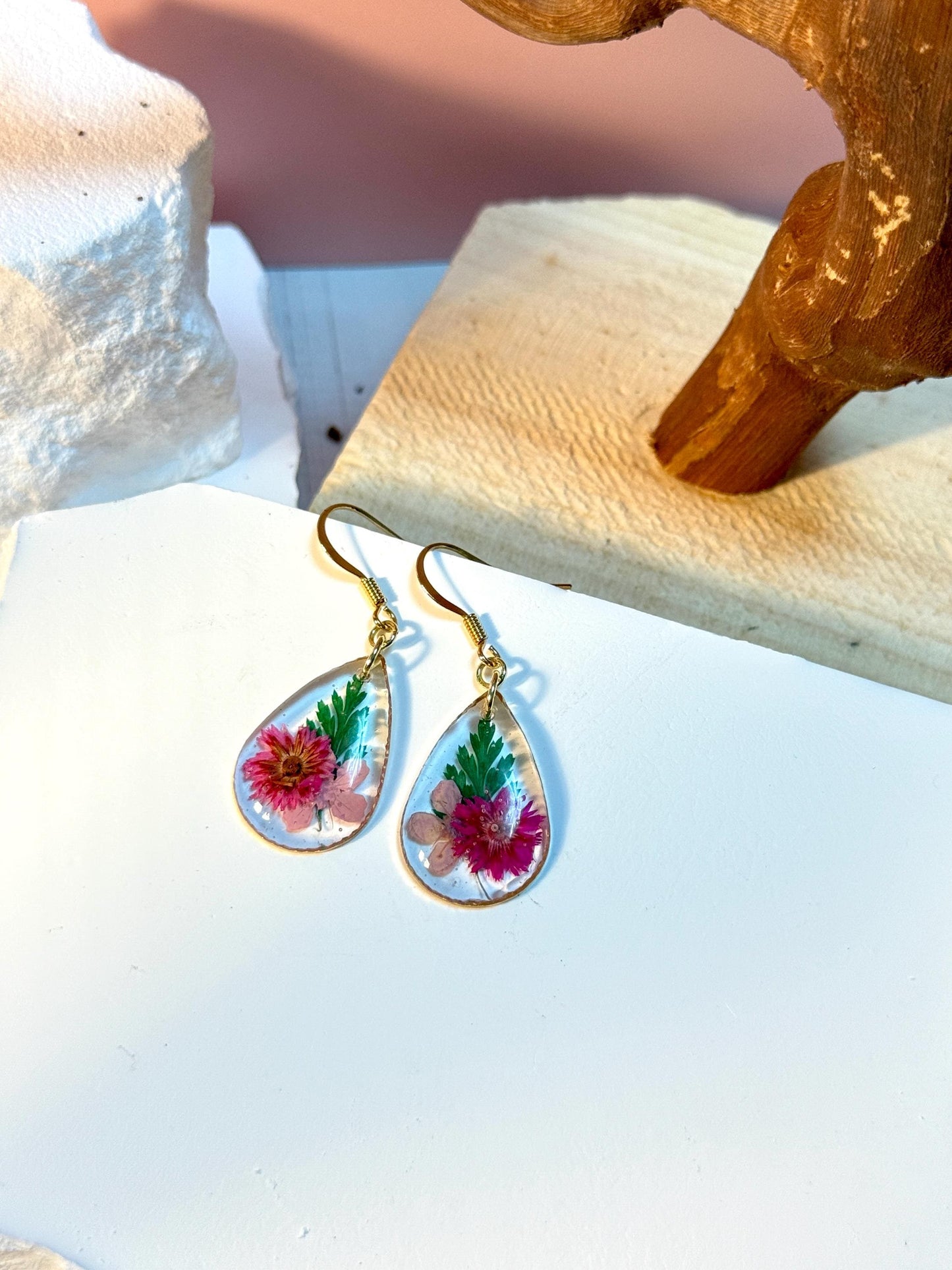 Elegant Resin Earrings with Pink Pressed Flowers & Green Leaves