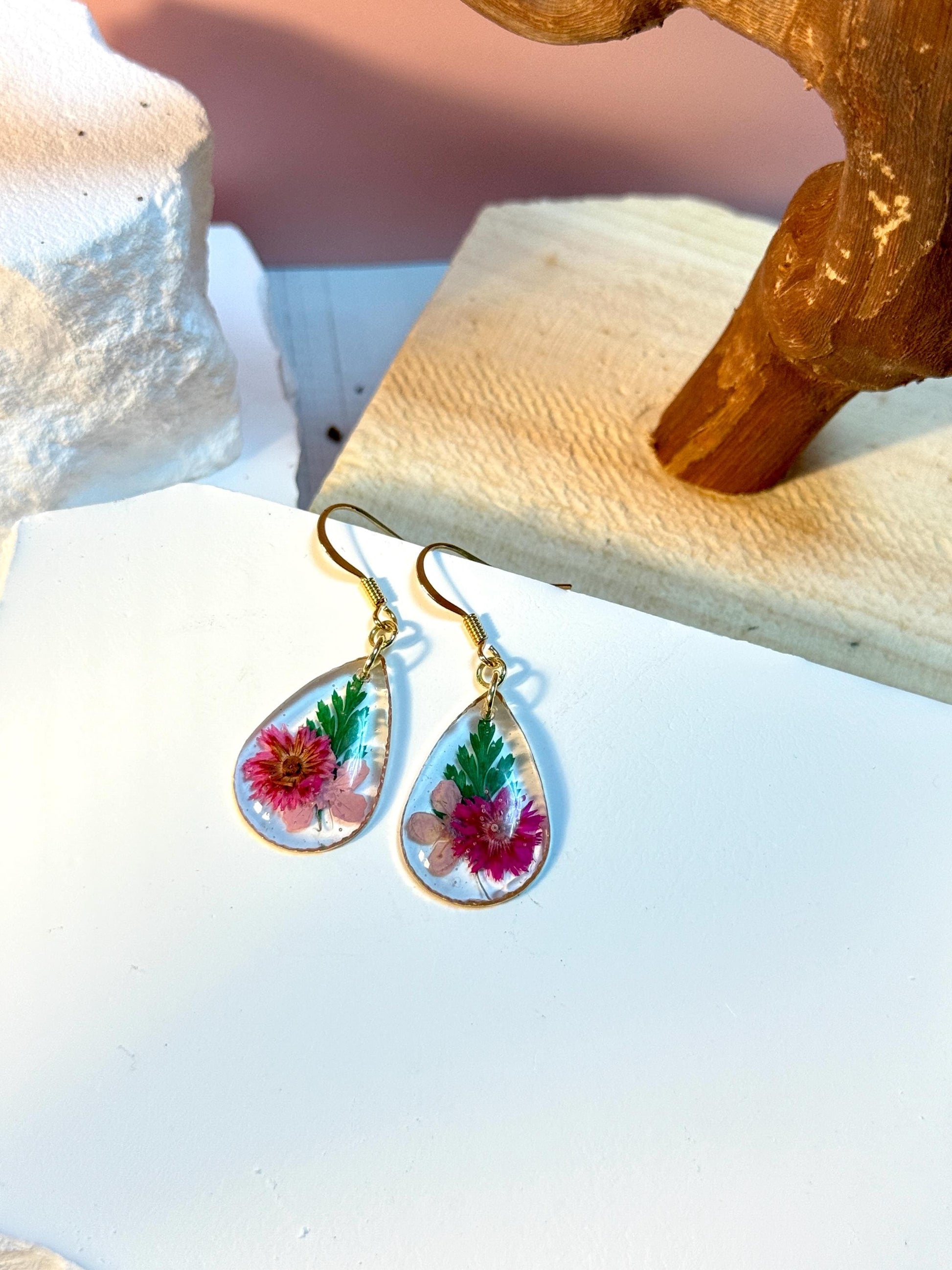 Elegant Resin Earrings with Pink Pressed Flowers & Green Leaves