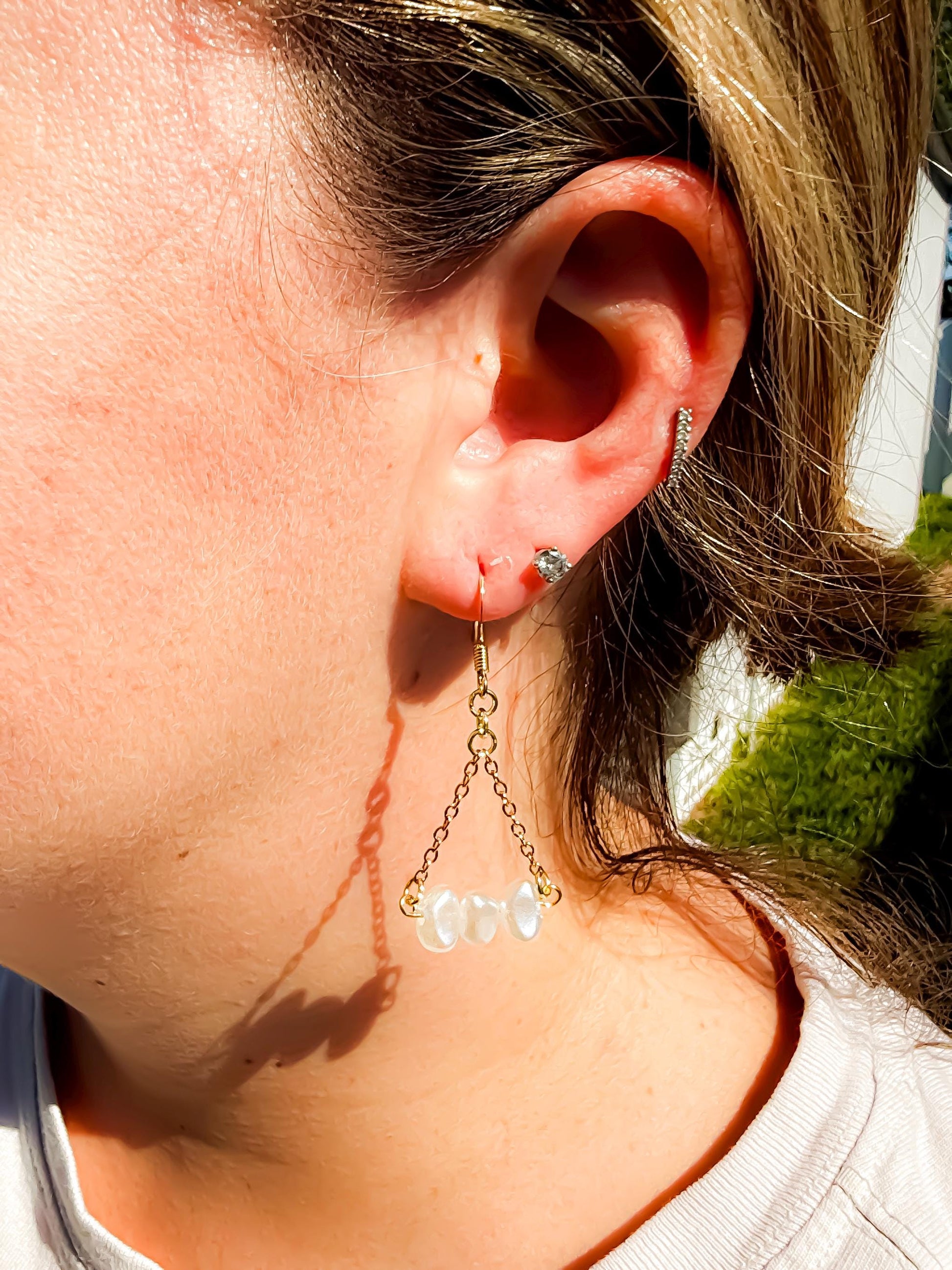 Hand-Beaded Pearl-Like Triangle Chain Earrings – Minimalist Boho Chic