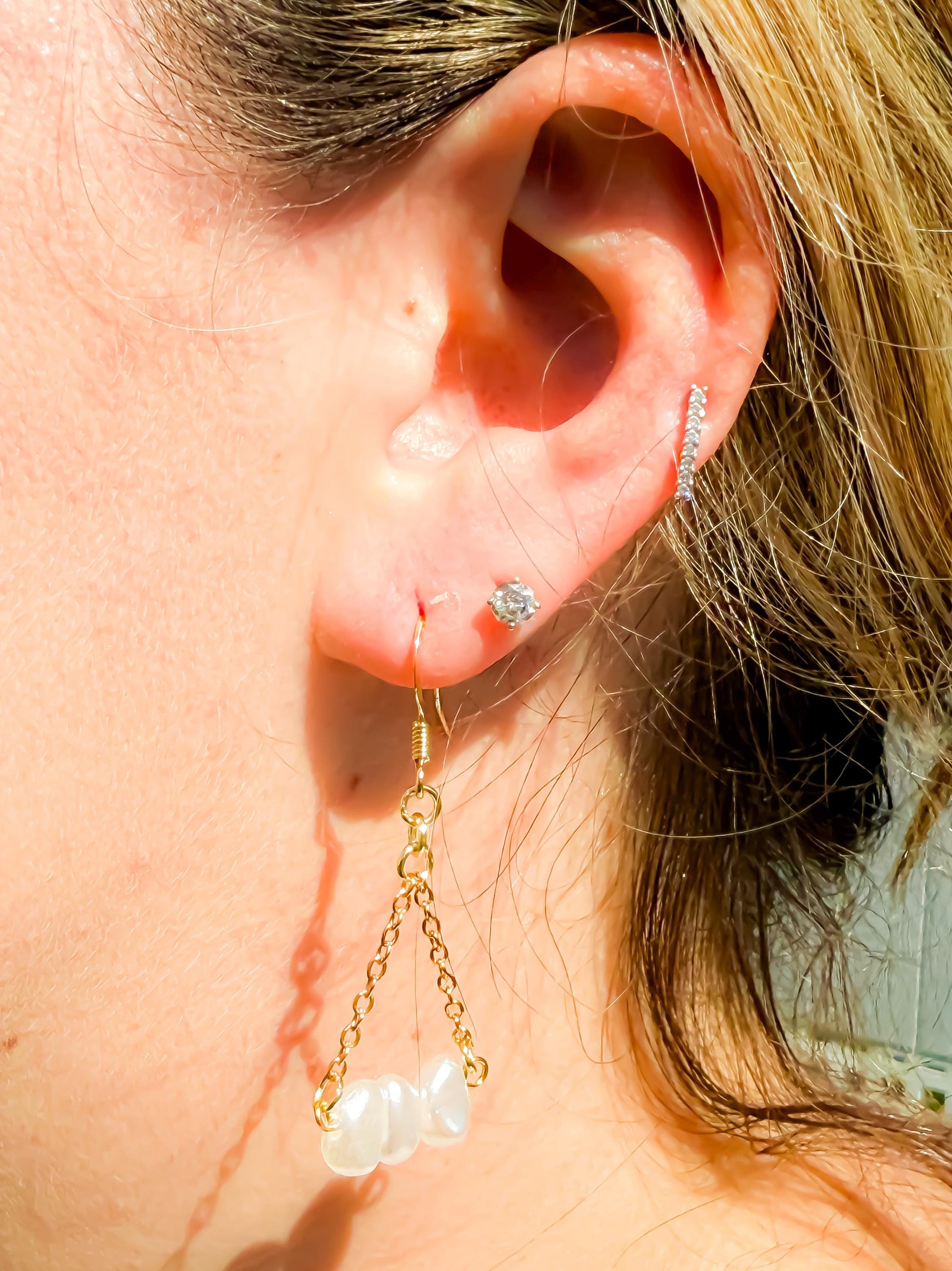 Hand-Beaded Pearl-Like Triangle Chain Earrings – Minimalist Boho Chic