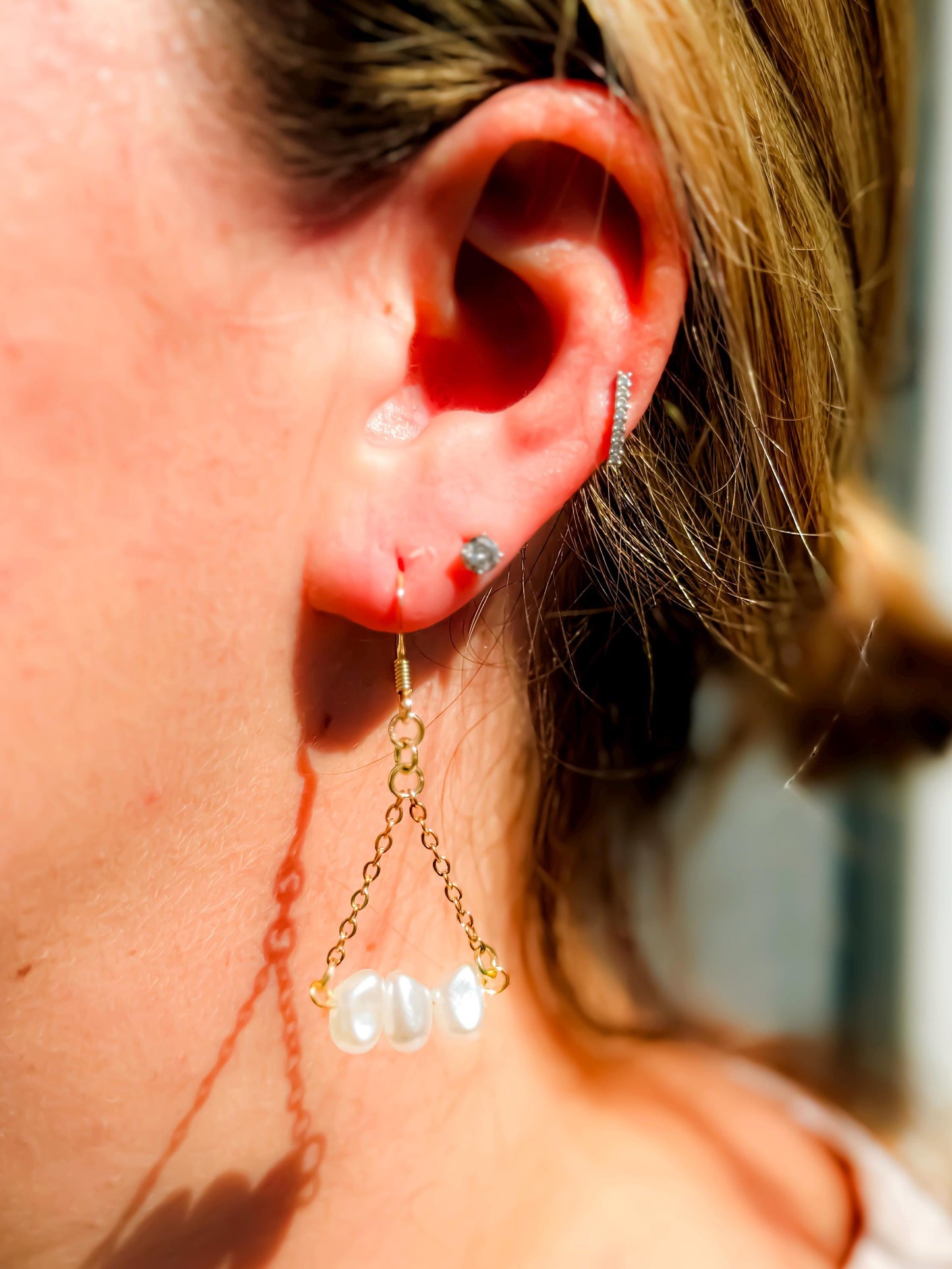 Hand-Beaded Pearl-Like Triangle Chain Earrings – Minimalist Boho Chic