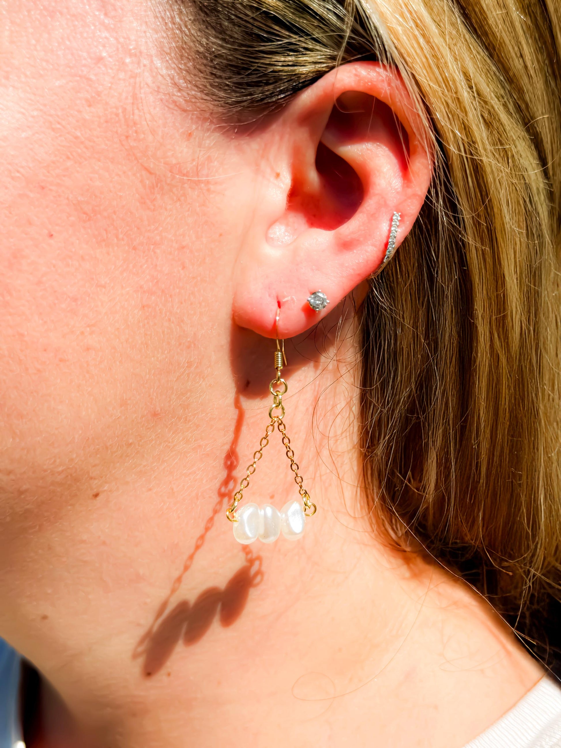 Hand-Beaded Pearl-Like Triangle Chain Earrings – Minimalist Boho Chic