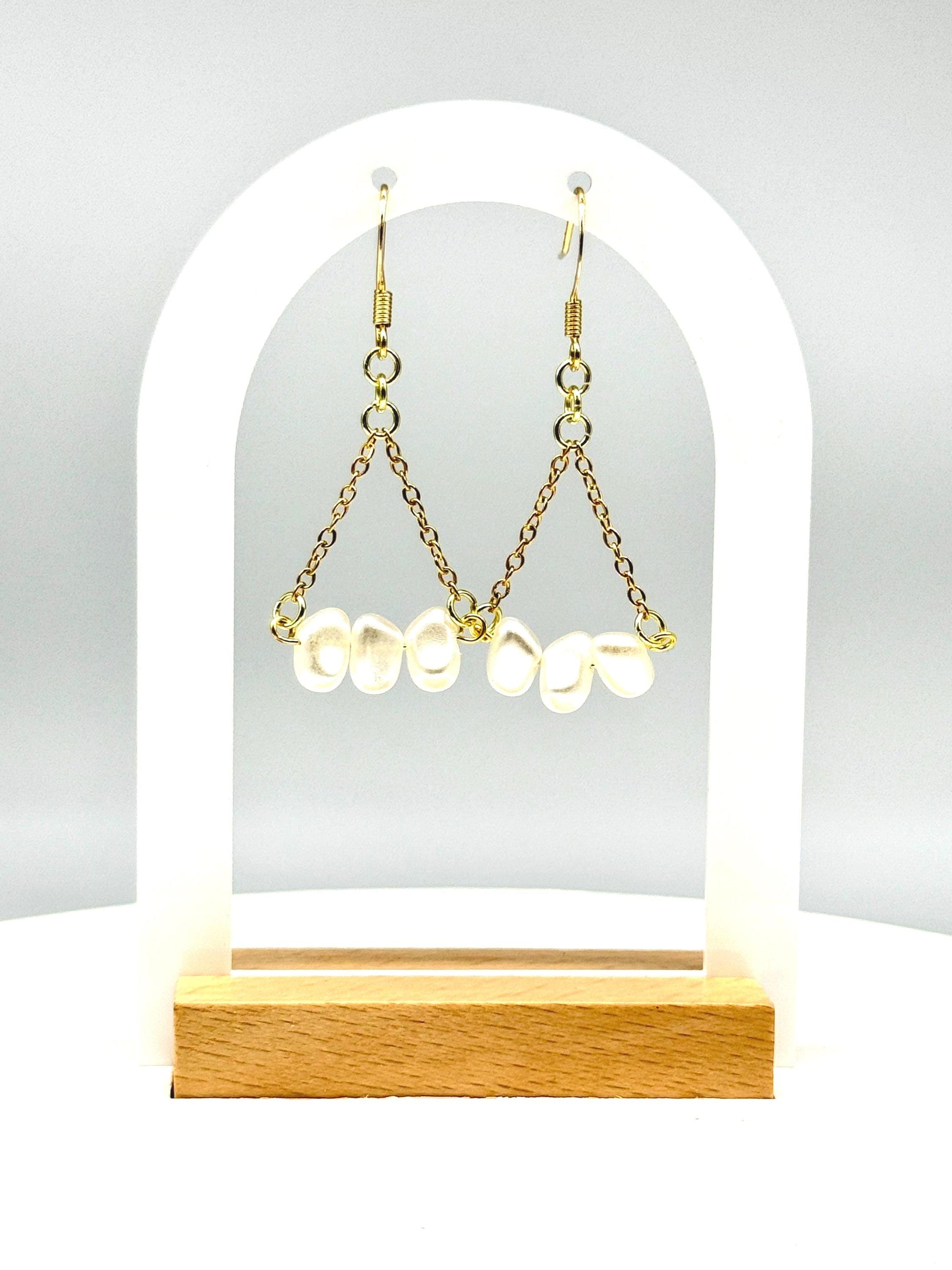 Hand-Beaded Pearl-Like Triangle Chain Earrings – Minimalist Boho Chic