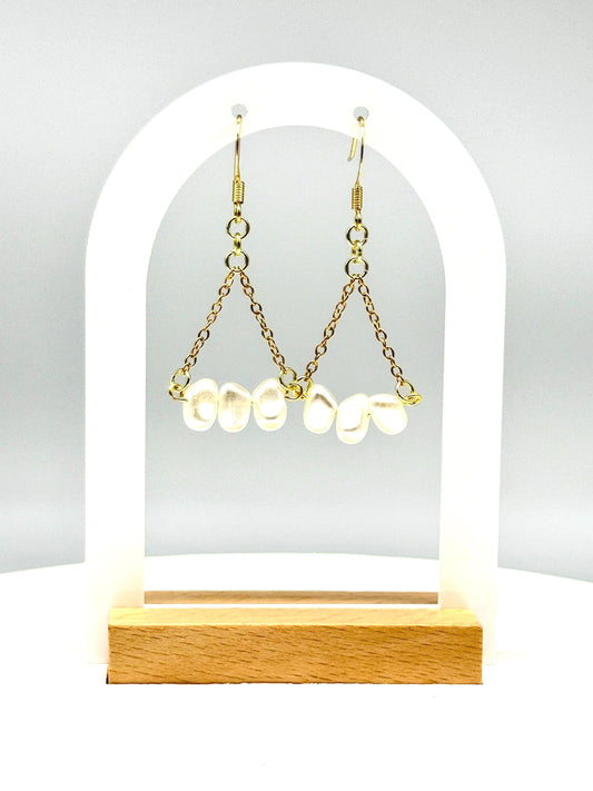 Hand-Beaded Pearl-Like Triangle Chain Earrings – Minimalist Boho Chic