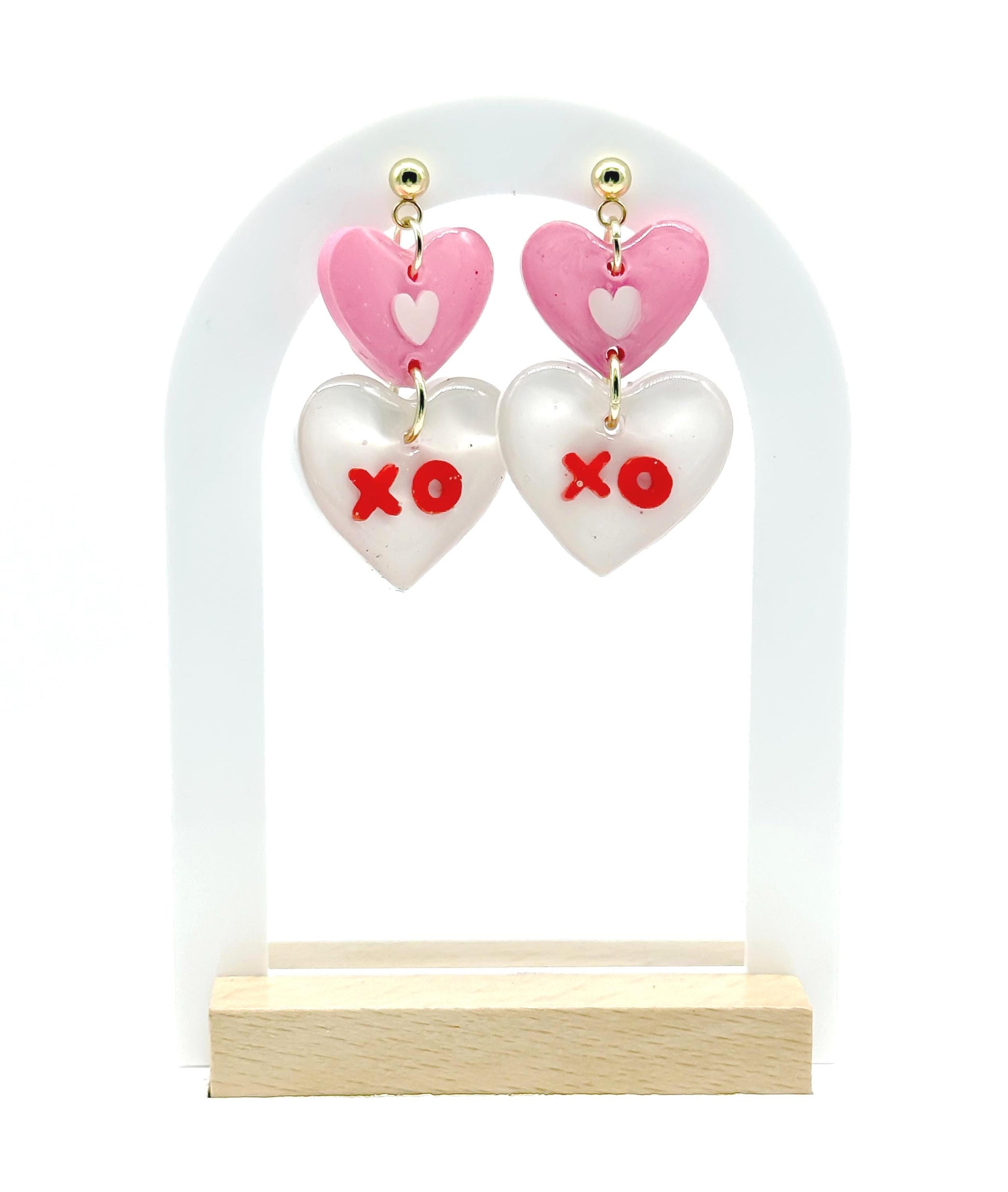 Valentine’s Day XO Heart Earrings – Pink & White Resin with Gold Studs