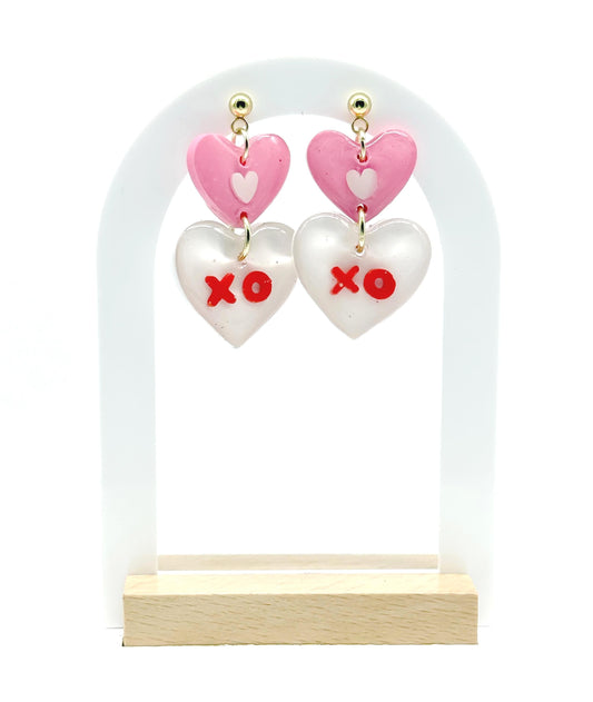 Valentine’s Day XO Heart Earrings – Pink & White Resin with Gold Studs
