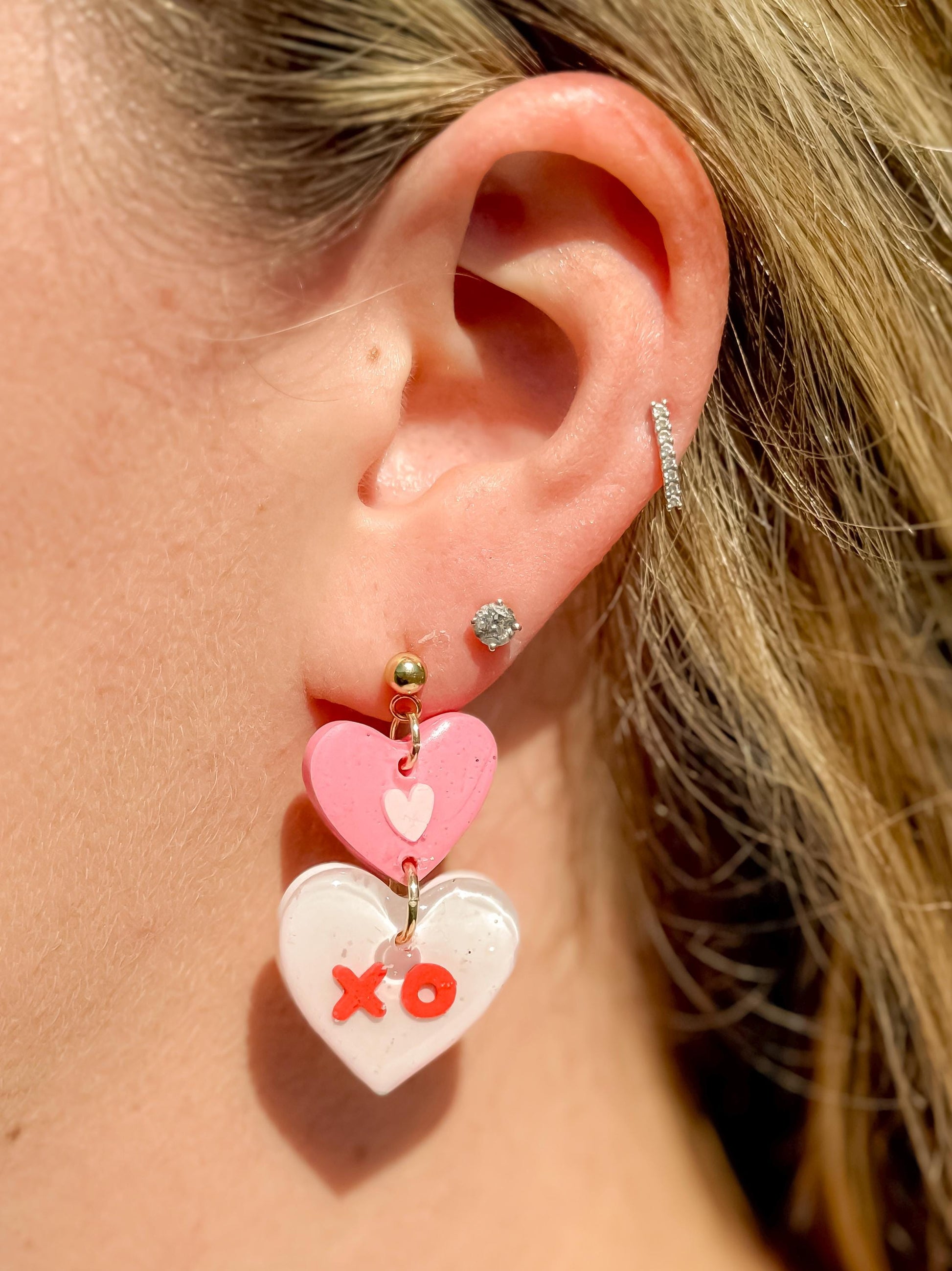 Valentine’s Day XO Heart Earrings – Pink & White Resin with Gold Studs