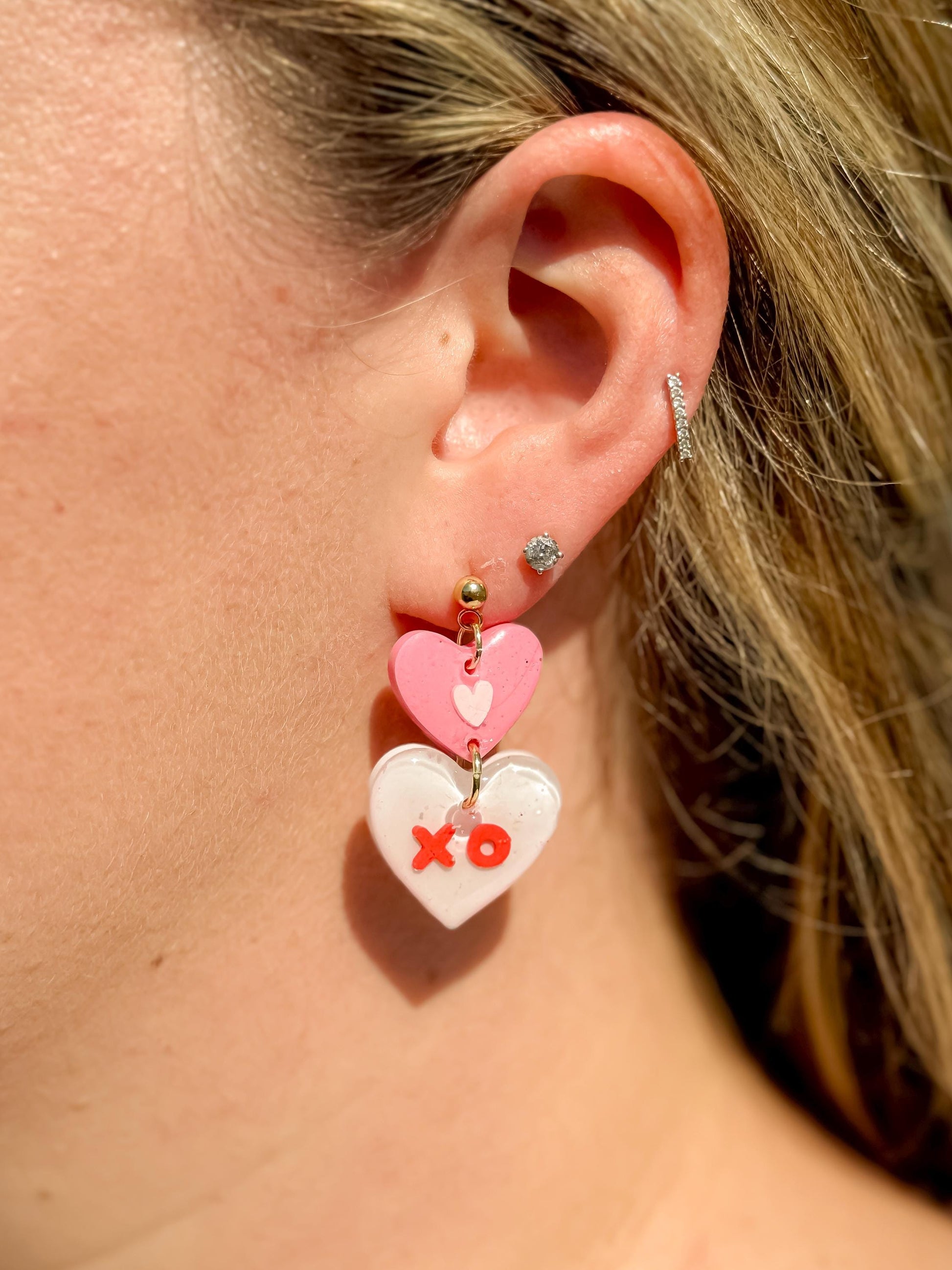 Valentine’s Day XO Heart Earrings – Pink & White Resin with Gold Studs