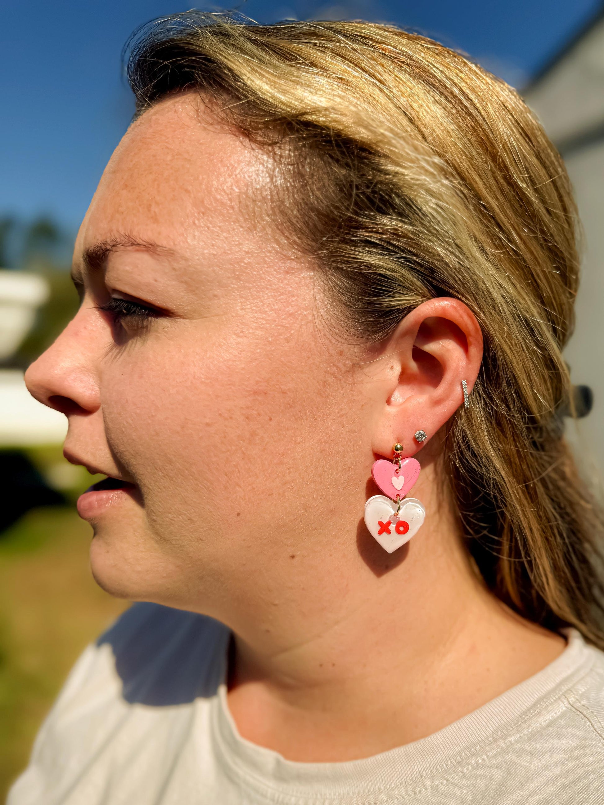 Valentine’s Day XO Heart Earrings – Pink & White Resin with Gold Studs