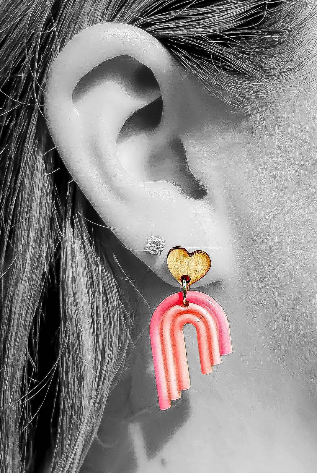 Handmade Boho Rainbow Earrings - Wood Heart Posts with Muted Pink and Orange Resin Rainbows