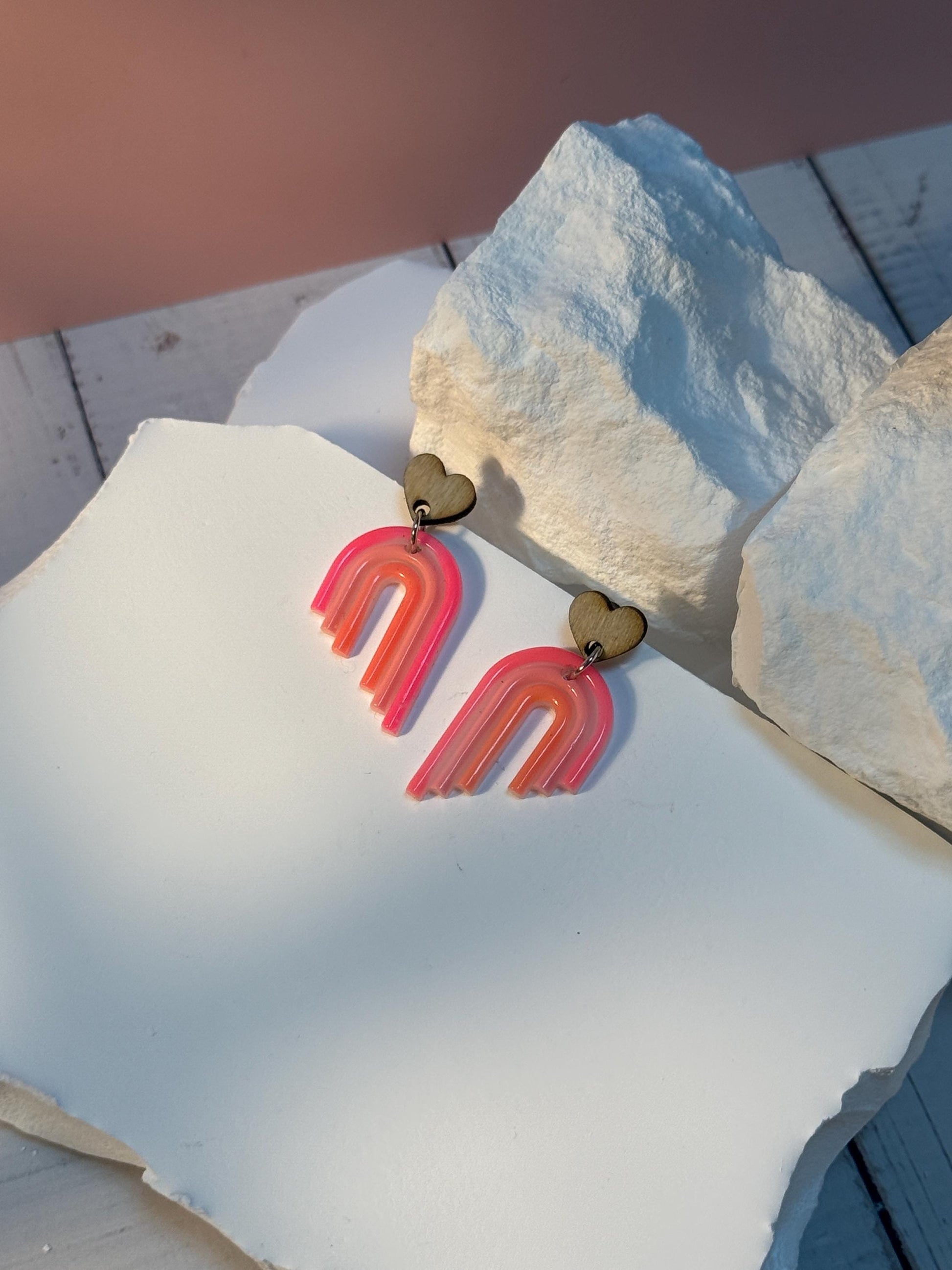 Handmade Boho Rainbow Earrings - Wood Heart Posts with Muted Pink and Orange Resin Rainbows