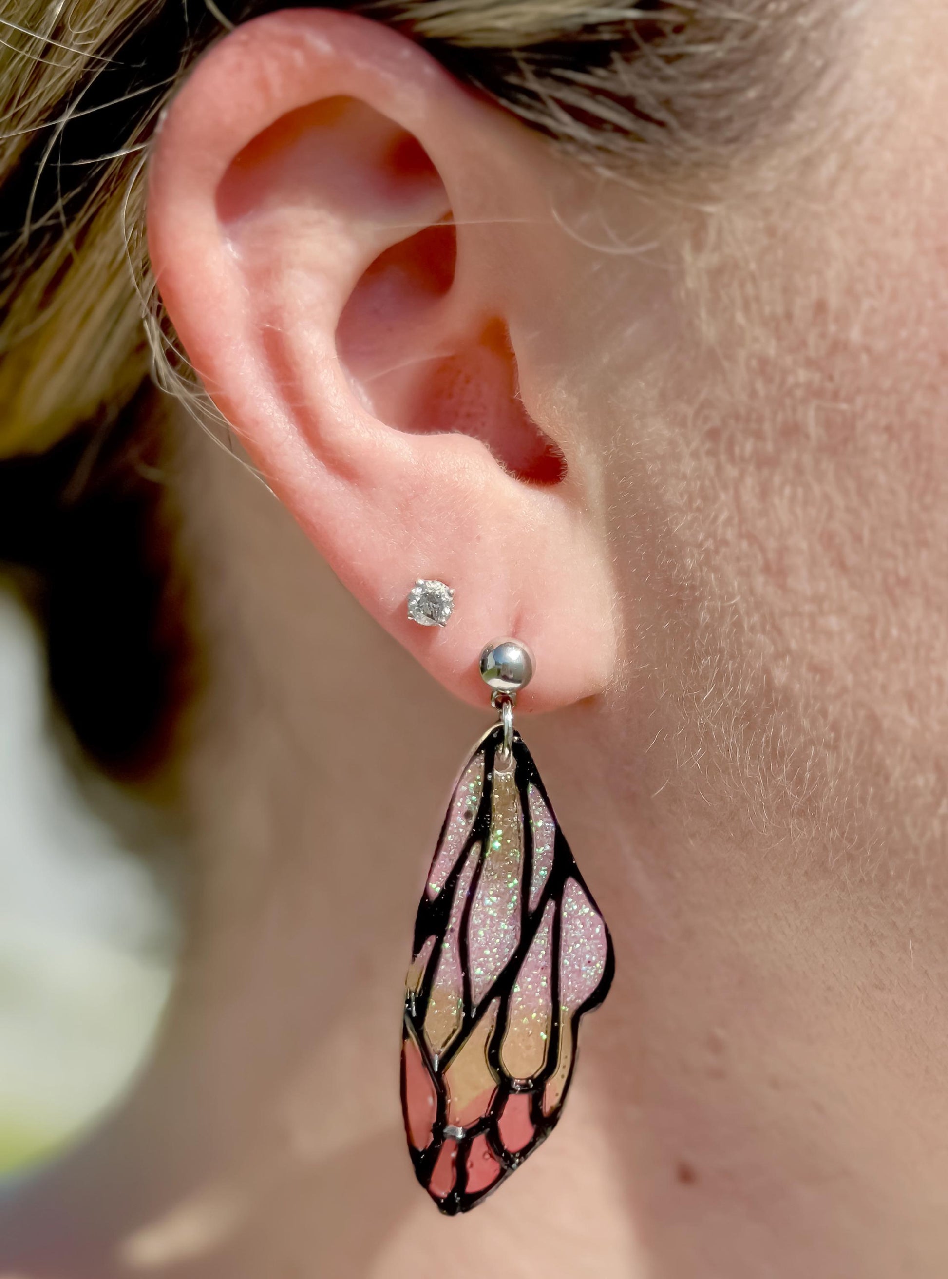 Handmade Resin Butterfly Wing Earrings – Pink & Gold Glitter Accents