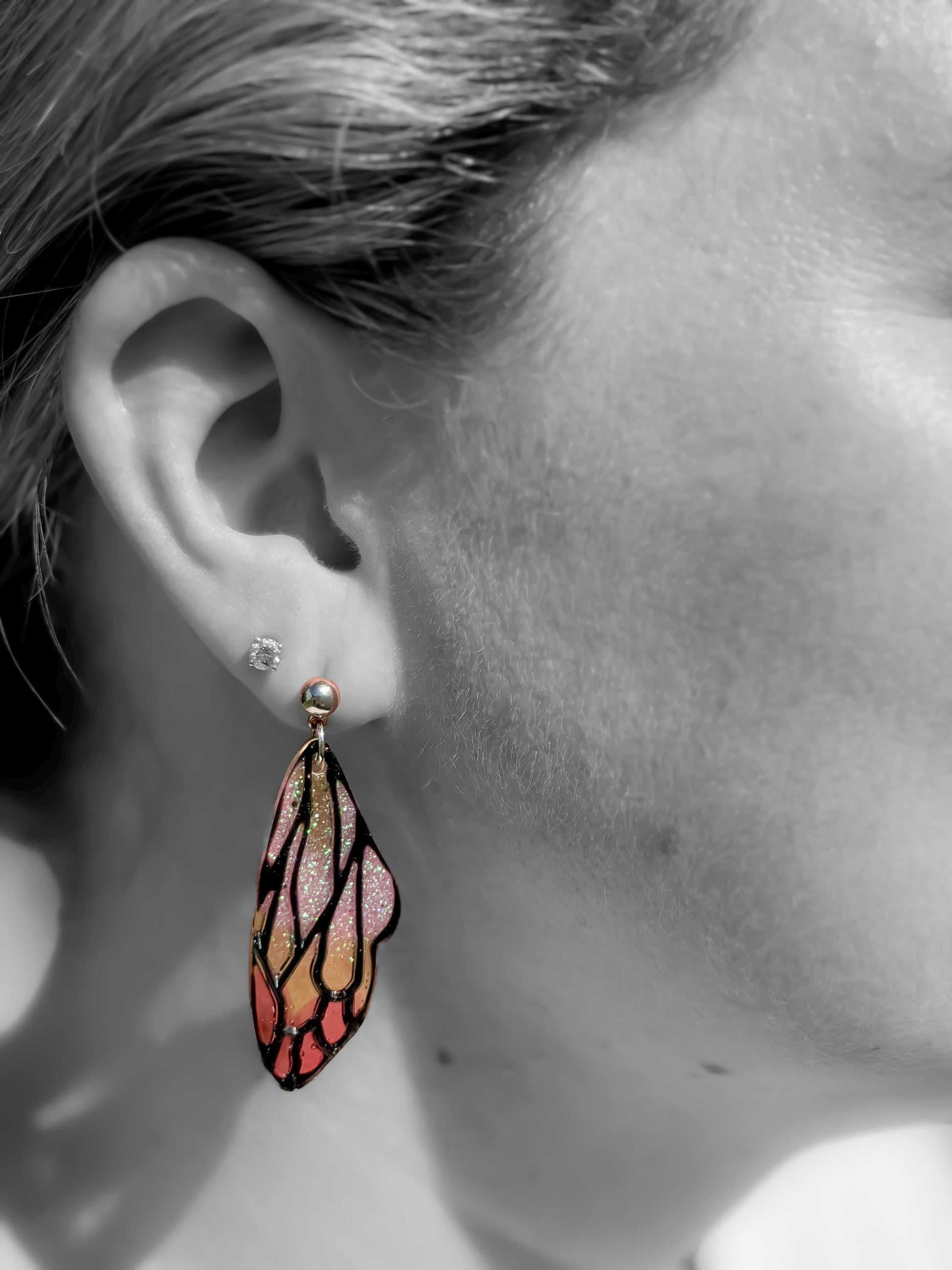 Handmade Resin Butterfly Wing Earrings – Pink & Gold Glitter Accents