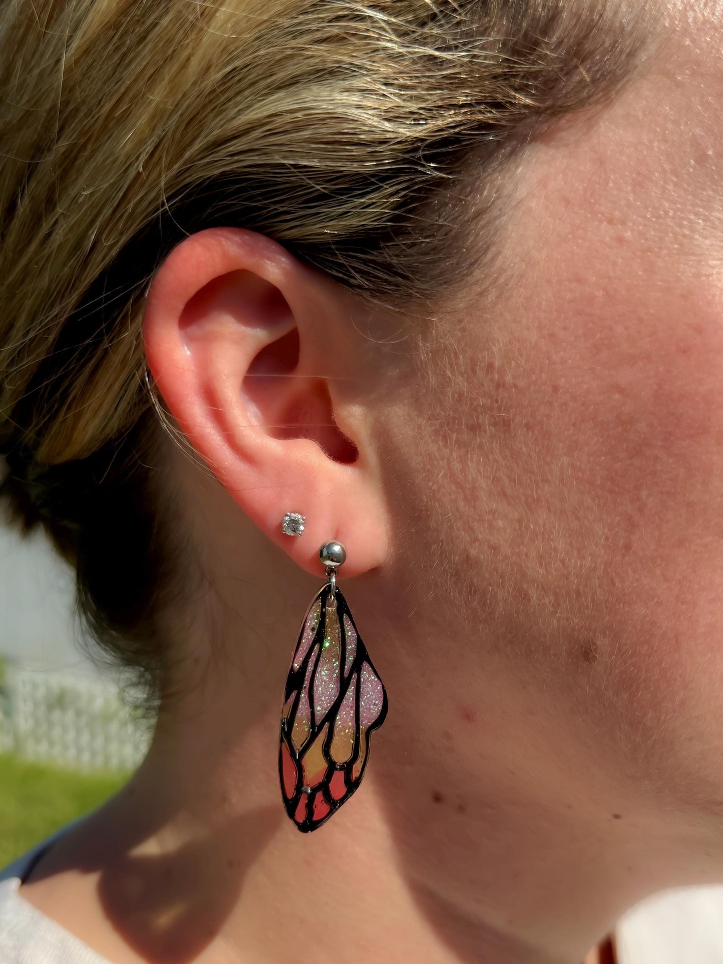 Handmade Resin Butterfly Wing Earrings – Pink & Gold Glitter Accents