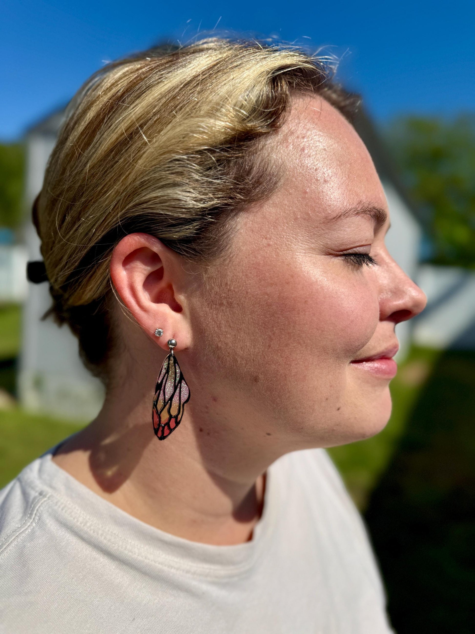 Handmade Resin Butterfly Wing Earrings – Pink & Gold Glitter Accents