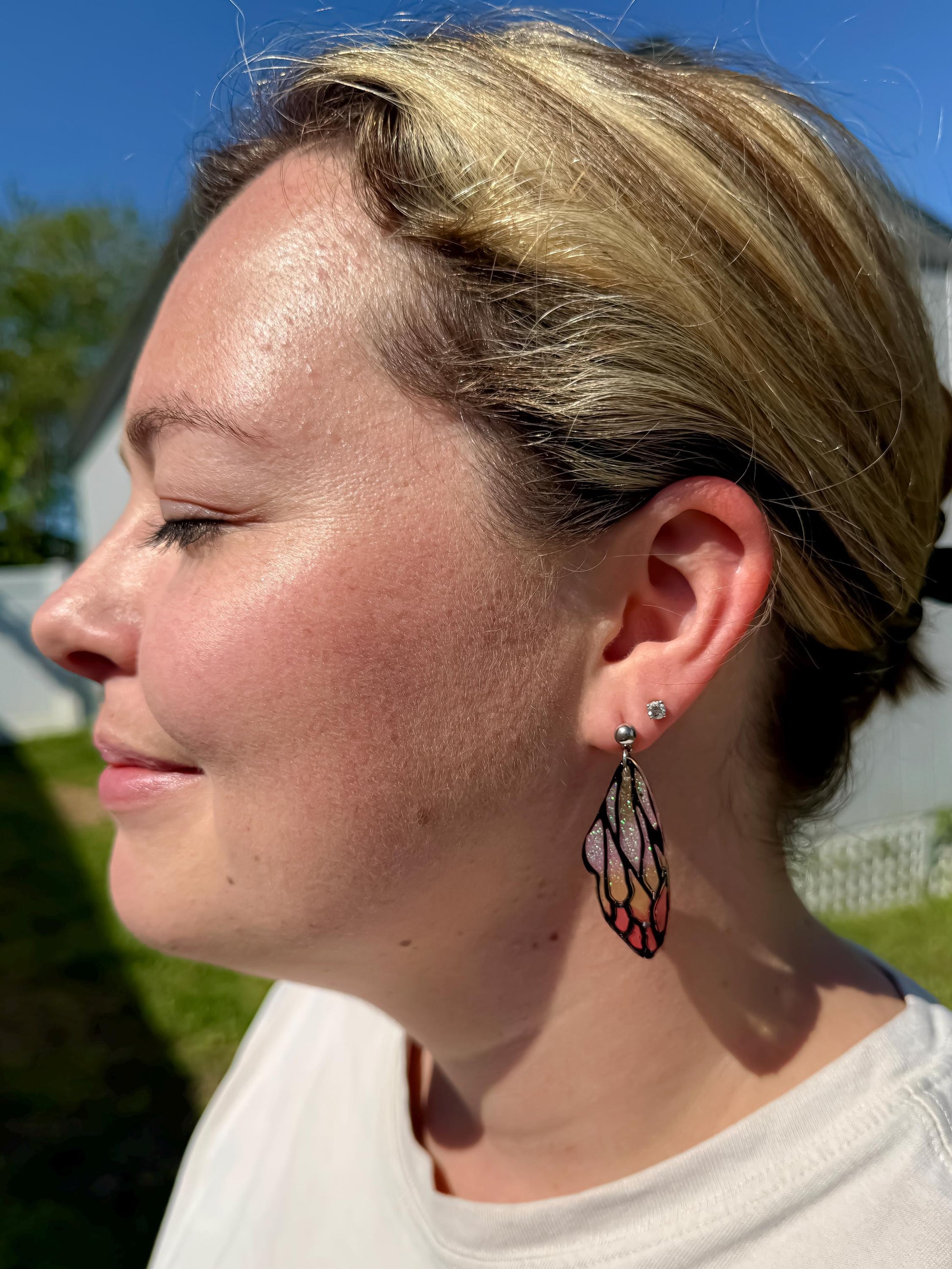 Handmade Resin Butterfly Wing Earrings – Pink & Gold Glitter Accents