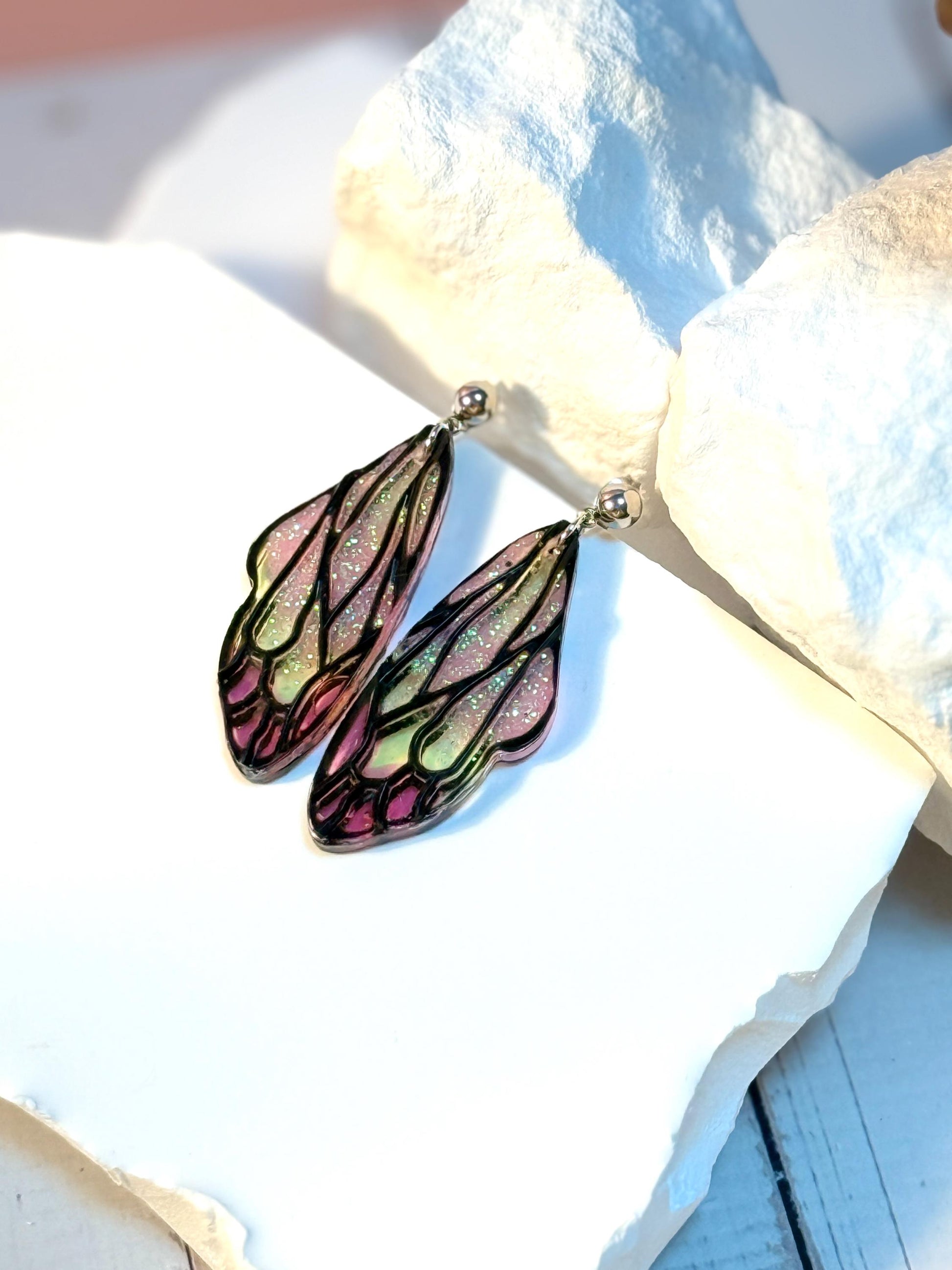 Handmade Resin Butterfly Wing Earrings – Pink & Gold Glitter Accents