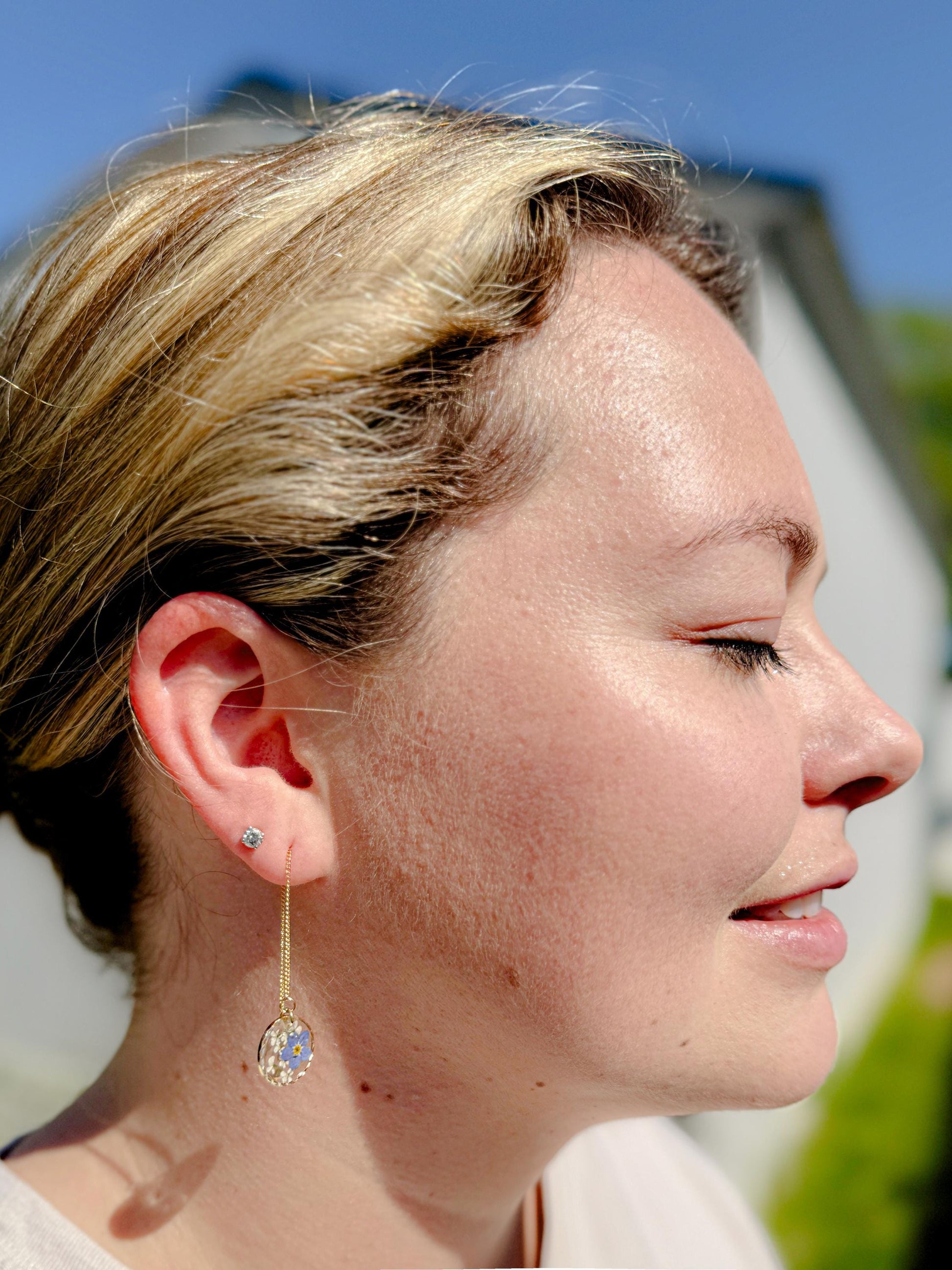 Handmade Resin Threader Earrings: Real Forget-Me-Nots & Queen Anne's Lace