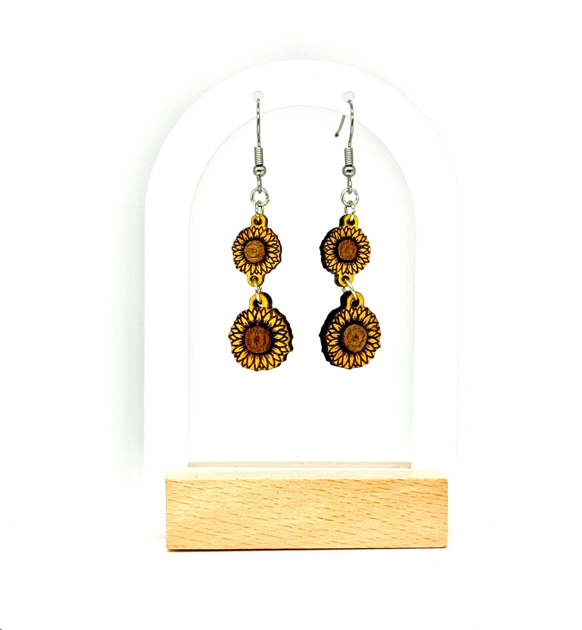 Hand-Painted Woodcut Sunflower Earrings – Layered Engraved Bloom with French Hooks