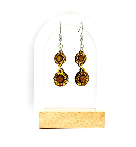 Hand-Painted Woodcut Sunflower Earrings – Layered Engraved Bloom with French Hooks